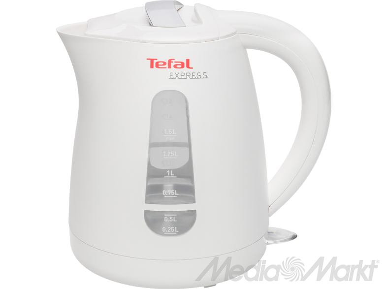 Fehér elektromos vízforraló vízszintjelzőkkel, a Tefal márka látható.