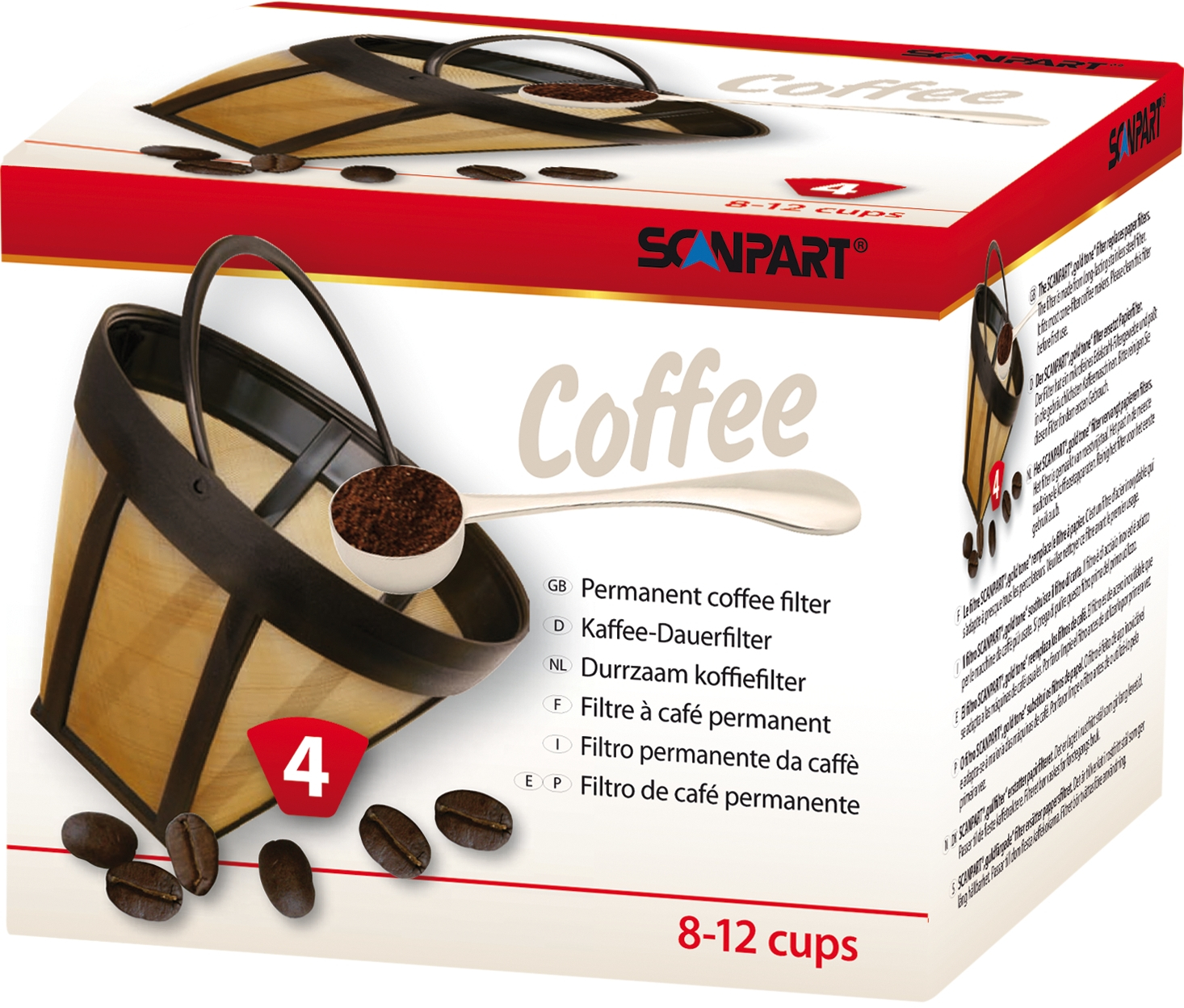 Boîte de filtre à café avec grains et filtre. Texte: Coffee, 8-12 tasses.