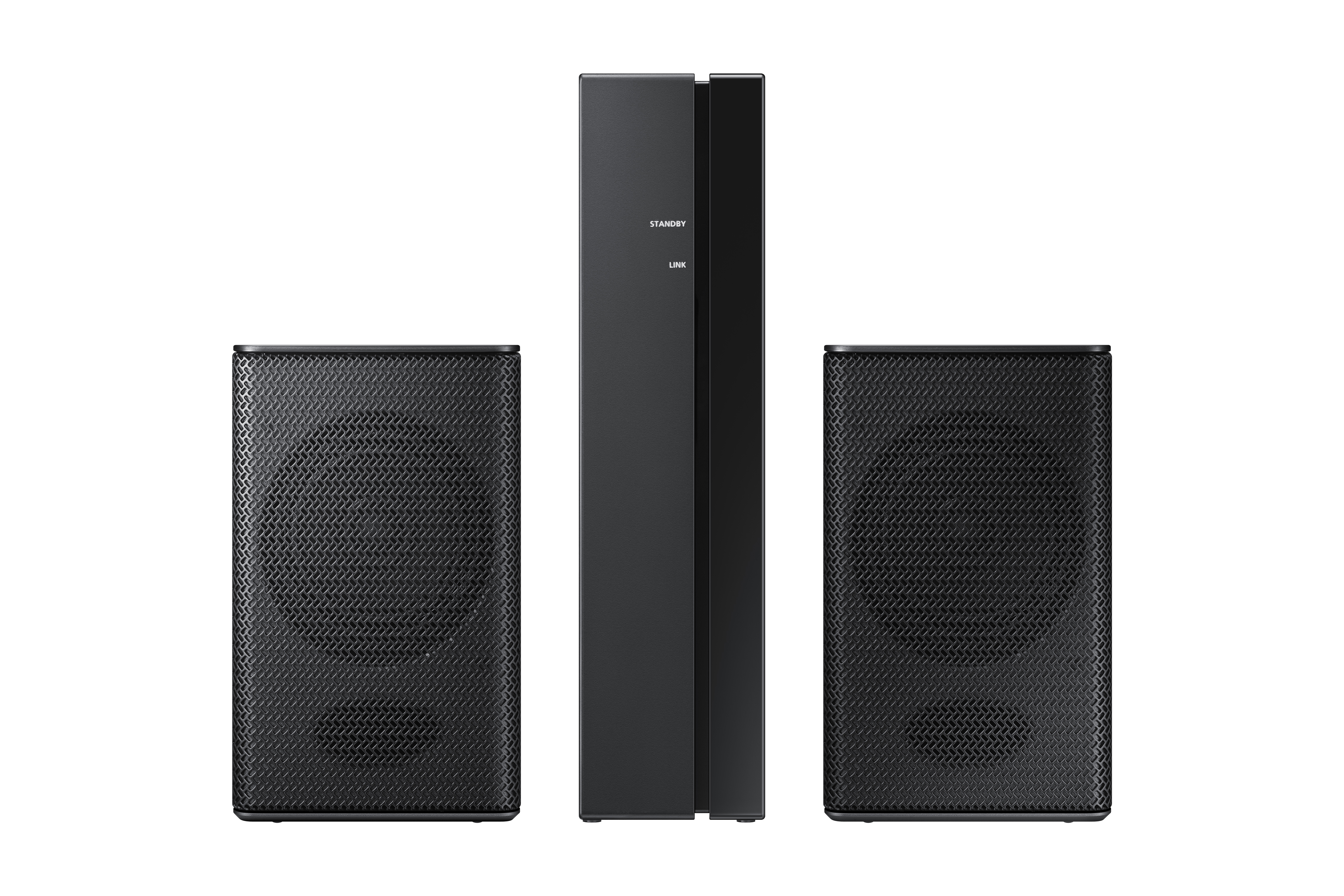 Schwarzes Soundsystem mit einem zentralen Turm und zwei Lautsprechern. Der zentrale Turm hat die Wörter STANDBY und LINK.