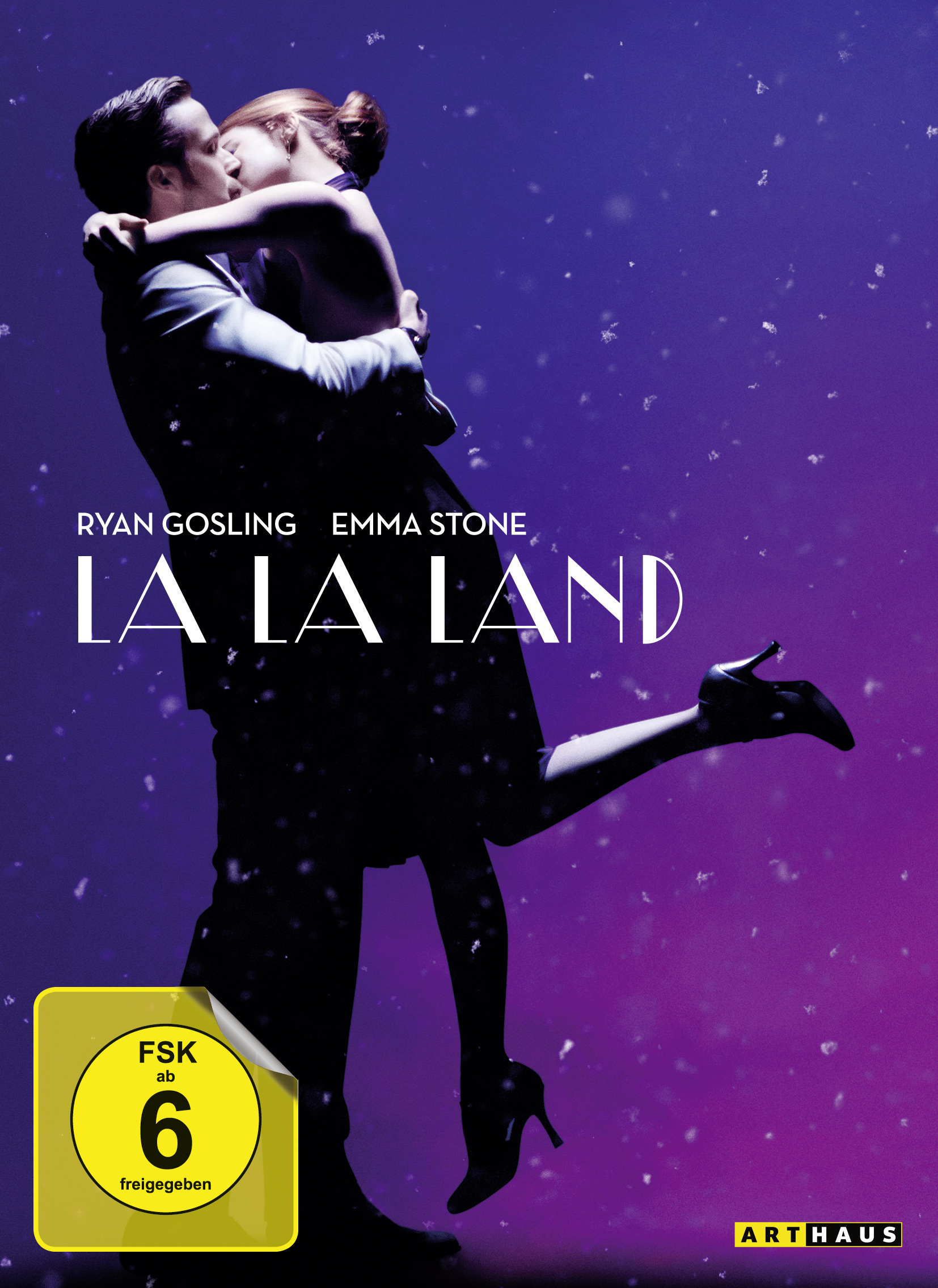 Filmplakat von La La Land. Paar umarmt sich, mit einem lila und blauen Hintergrund.