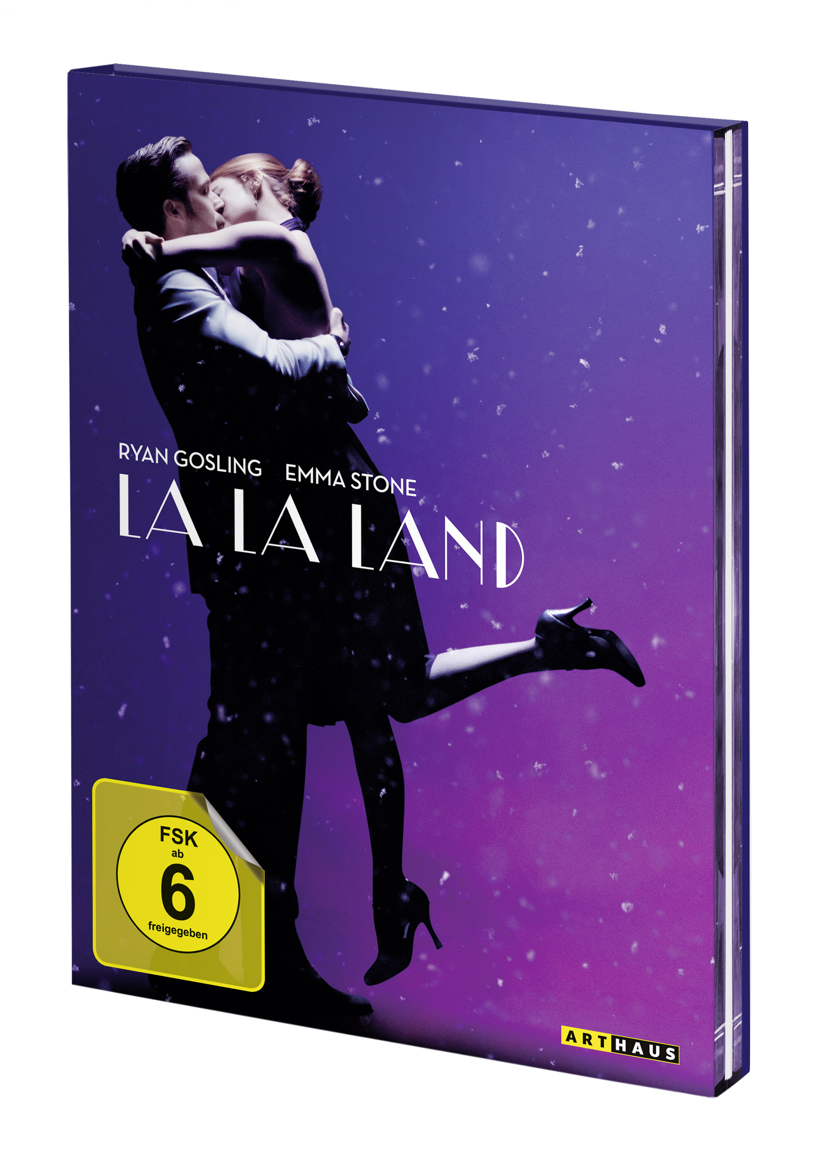 DVD-Cover von 'La La Land'. Ryan Gosling und Emma Stone umarmen sich. Lila und blauer Hintergrund.