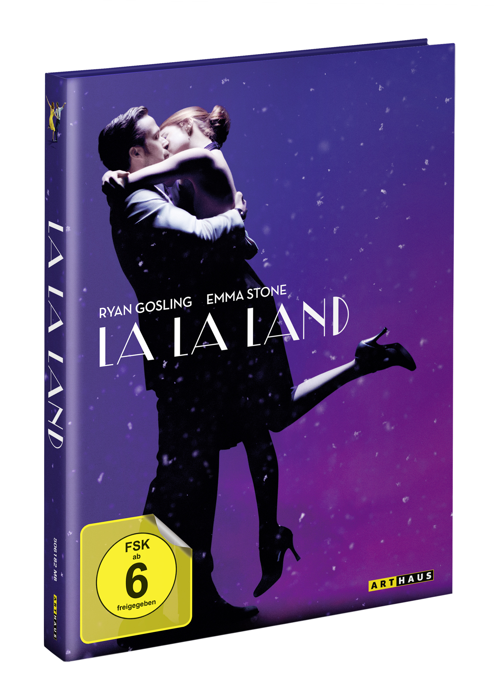 DVD-Cover von La La Land. Ein Paar küsst sich im Schnee, mit lila und blauem Hintergrund.