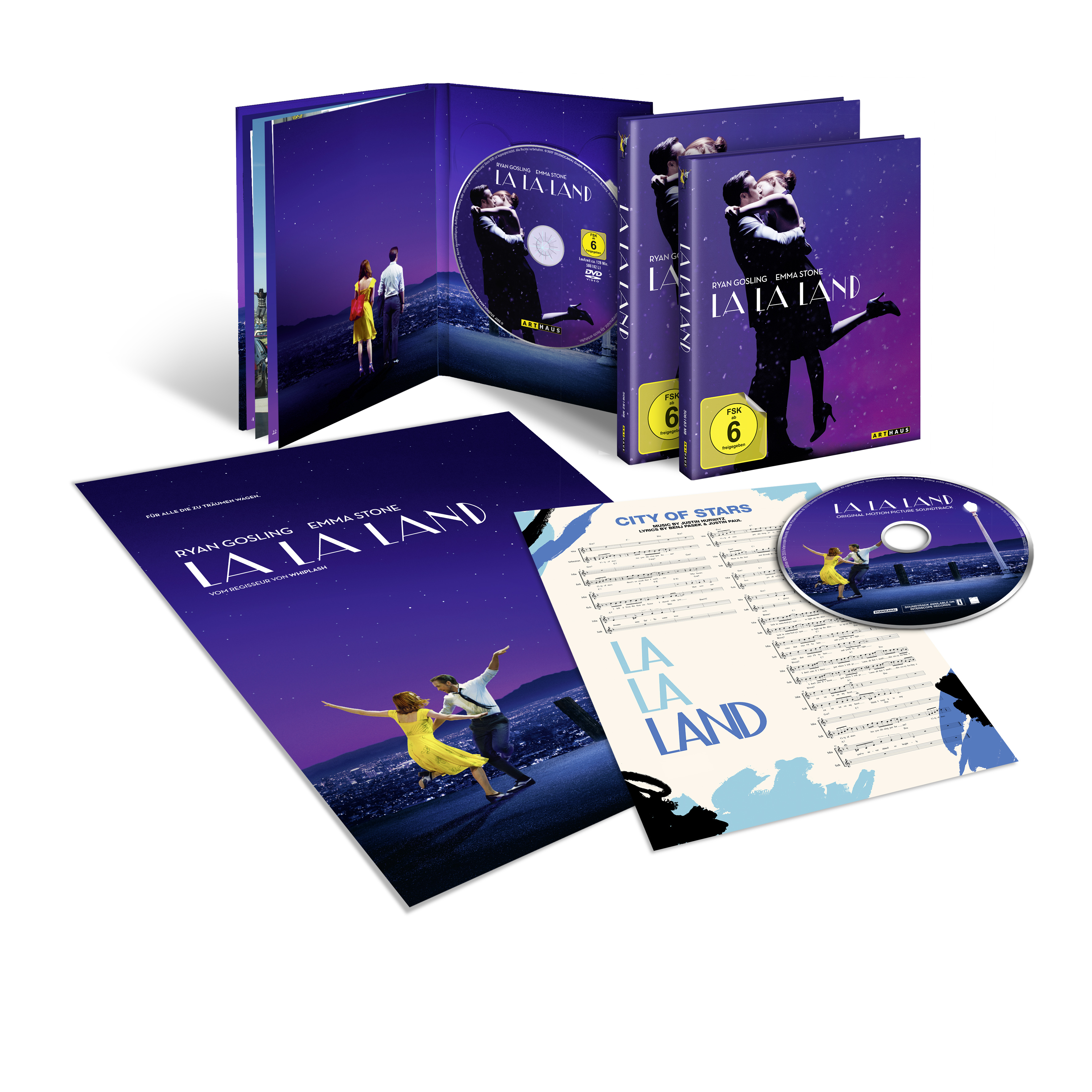 "La La Land" DVD und Extras ausgebreitet, mit Stadt bei Nacht im Hintergrund.