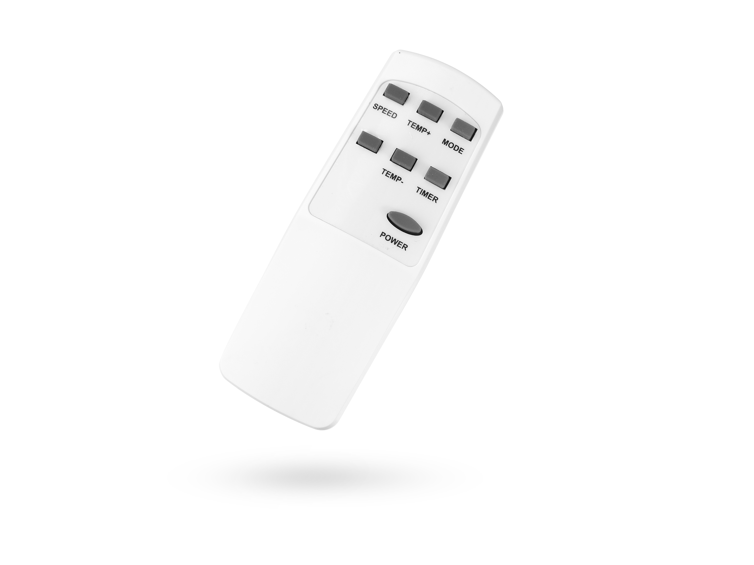 Een witte afstandsbediening met knoppen met de labels 'SPEED', 'TEMP', 'MODE', 'TIMER' en 'POWER'.
