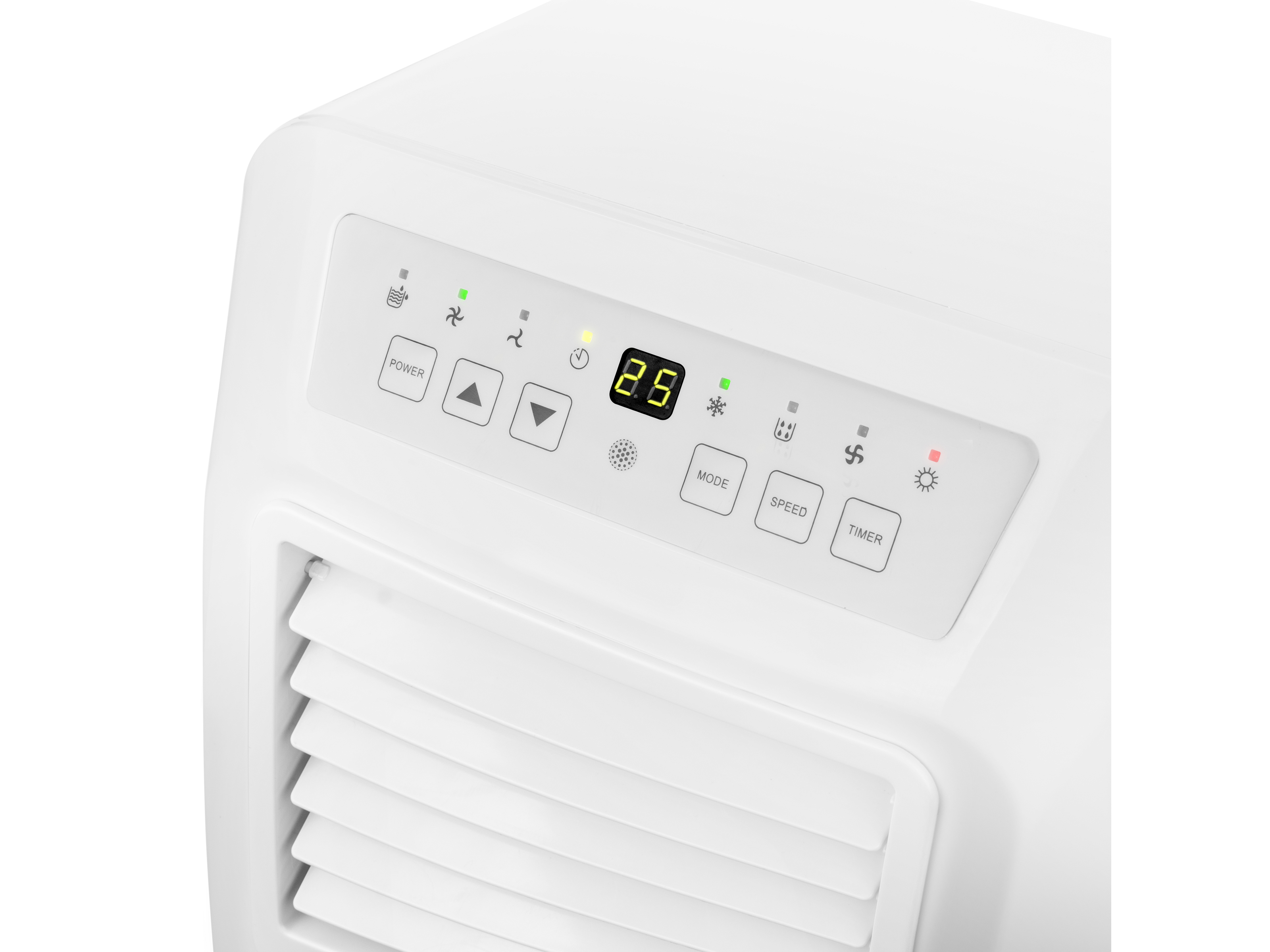Het bedieningspaneel van een airconditioner, met instellingen en getallen.