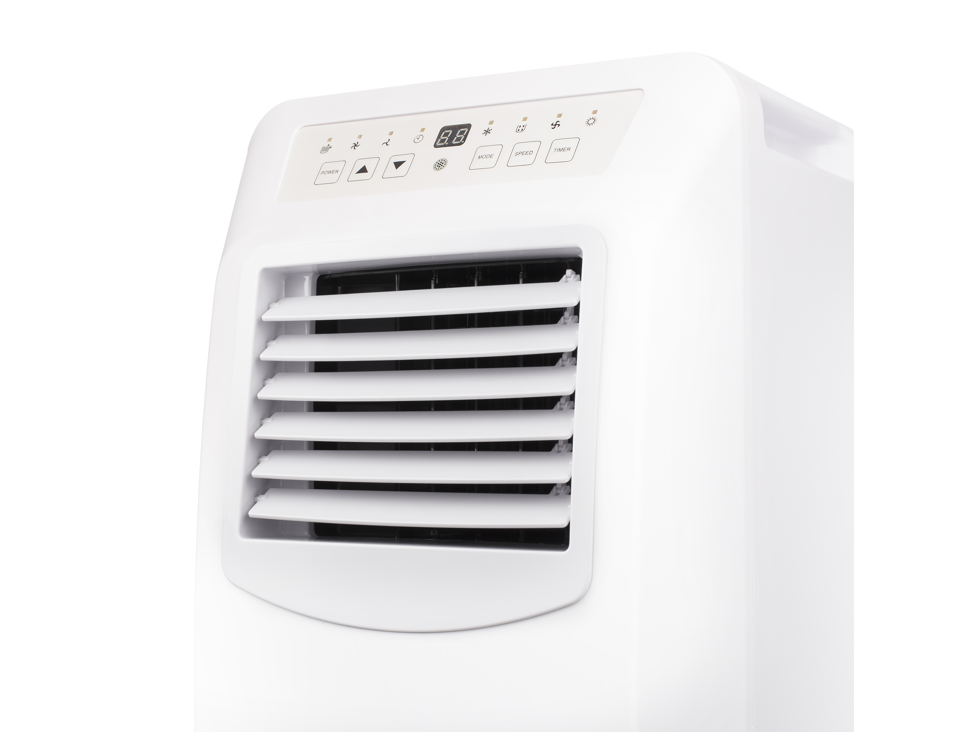 Witte airconditioner met een ventilatieopening aan de voorkant en een digitaal display bovenaan.