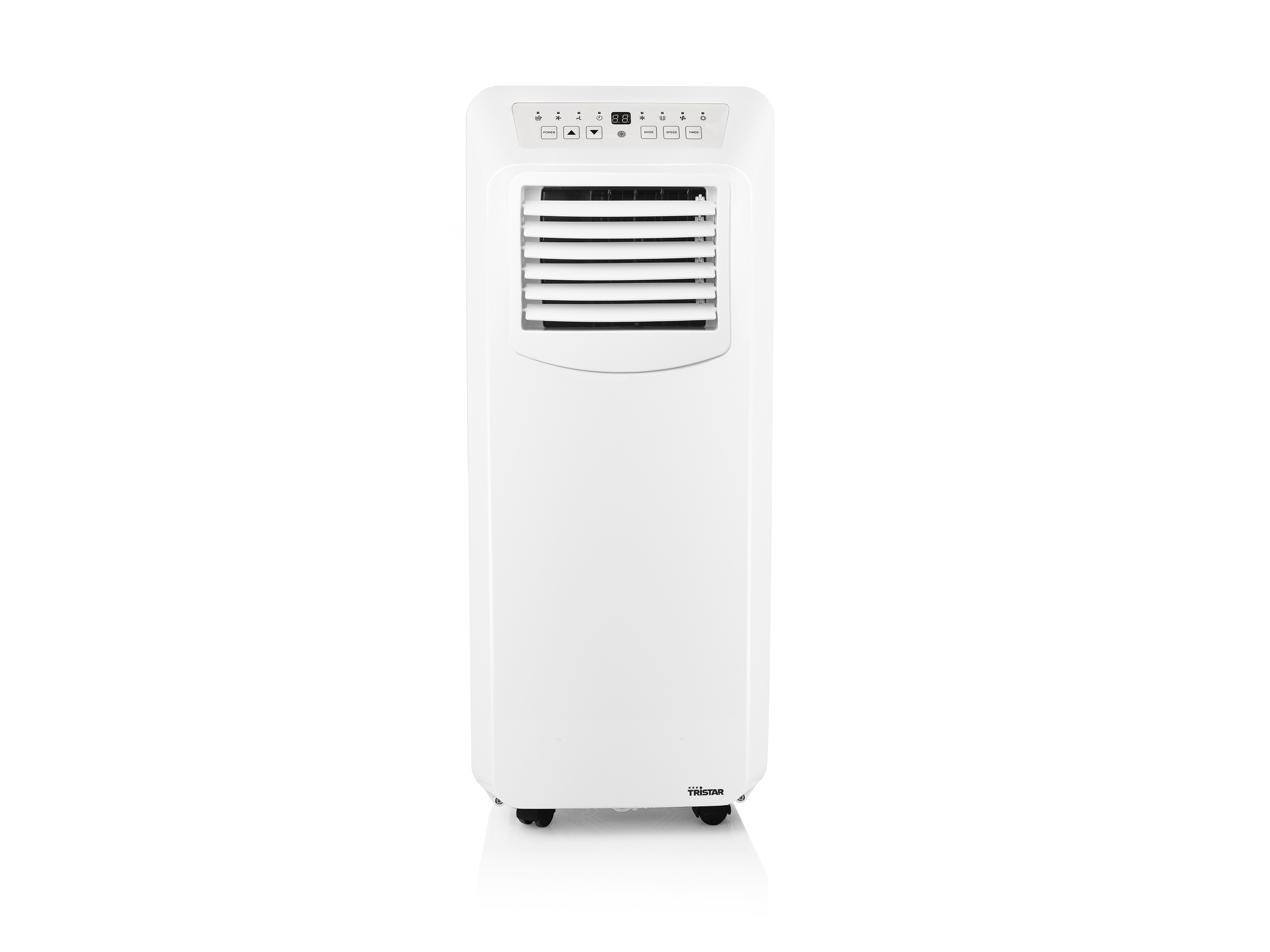 Witte Tristar draagbare airconditioner. Vooraanzicht. Verticaal ontwerp met ventilatieopeningen aan de bovenkant.