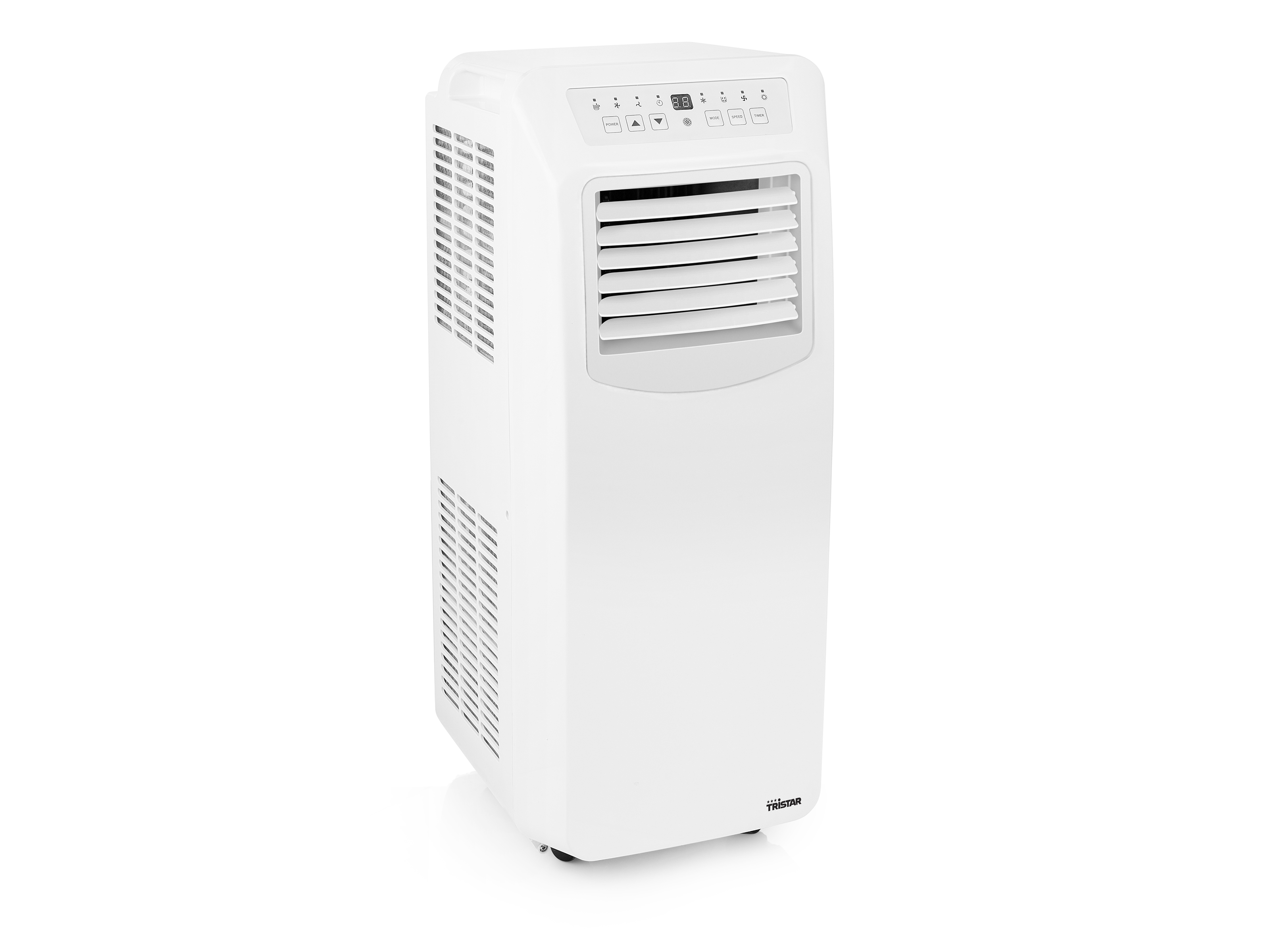 Witte draagbare airconditioner met bedieningspaneel bovenop en ventilatieopeningen aan de voorkant. Geïsoleerd op wit.