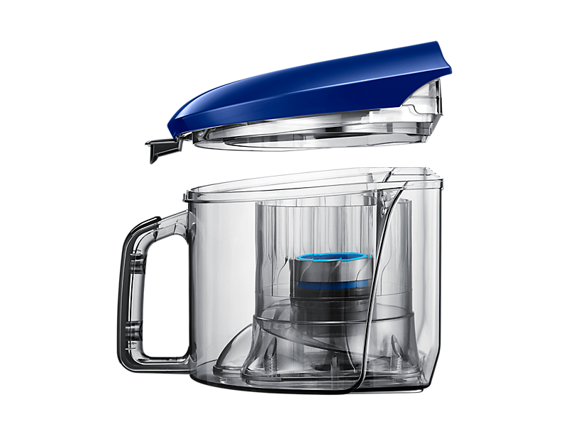 Vacuum cleaner dust container detached, blue lid, transparent body.