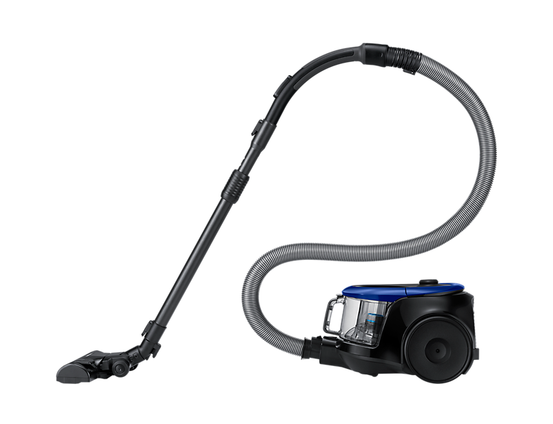 A black and blue vacuum cleaner with a hose and attachments on black.