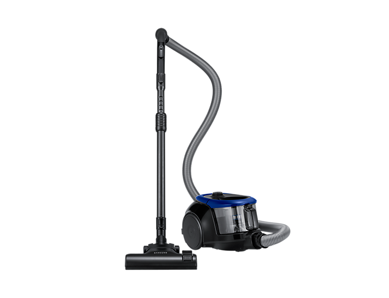 A black and blue Samsung vacuum cleaner on a black background.