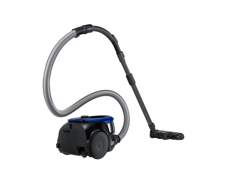 A black and blue Samsung vacuum cleaner. The hose and attachments are visible. It is on a black background.