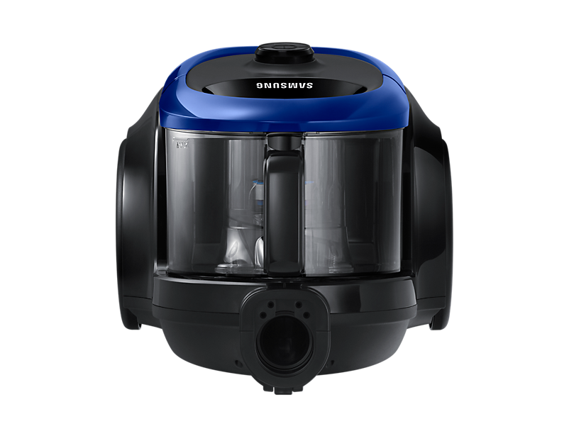 A blue and black Samsung vacuum cleaner, front view. It has a transparent dustbin.