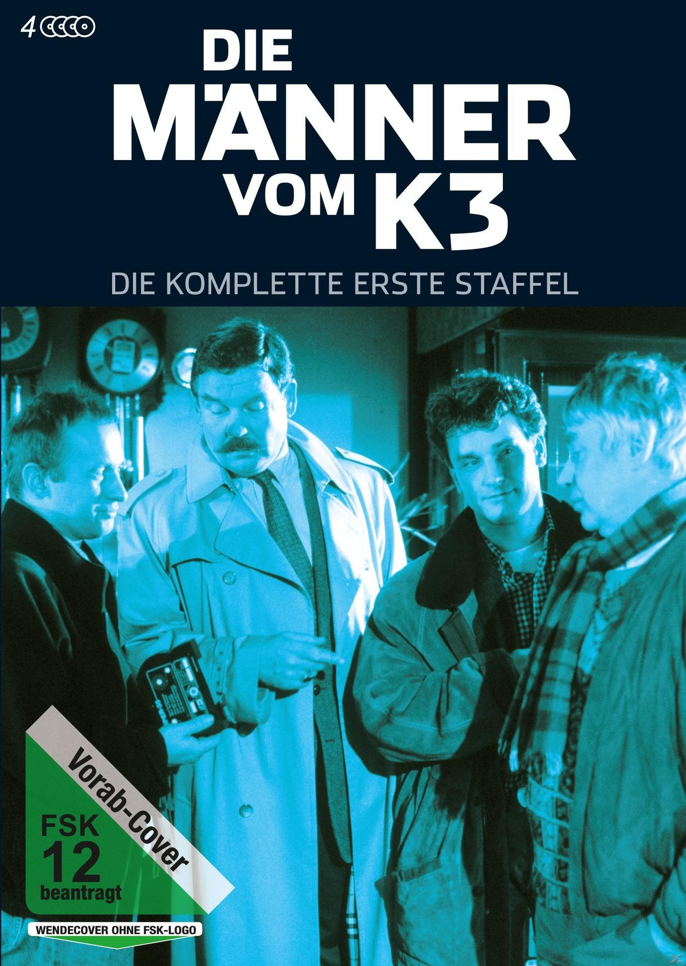 DVD-Cover für eine deutsche TV-Show, 'Die Männer vom K3', mit vier Männern in Mänteln.