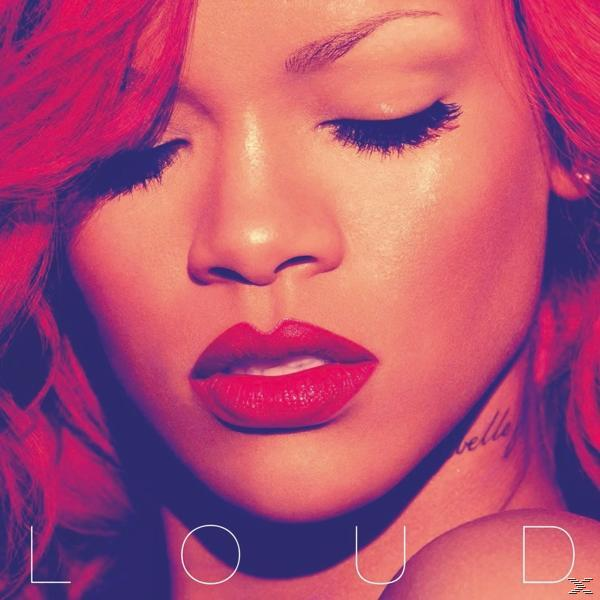 Rihanna-Albumcover, Nahaufnahme ihres Gesichts. Rote Lippen, rotes Haar und blauer Hintergrund.