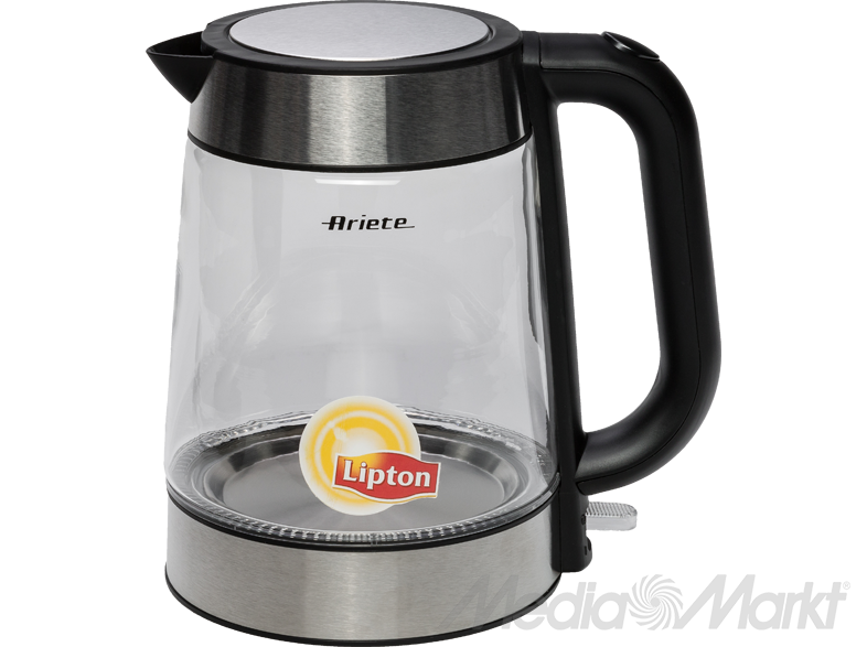 Ariete üveg vízforraló Lipton matricával és fekete fogantyúval.