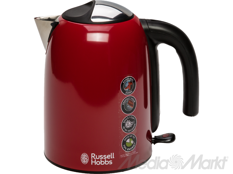 Piros Russell Hobbs vízforraló fekete fogantyúval. A címkék a gyors forrást jelzik.