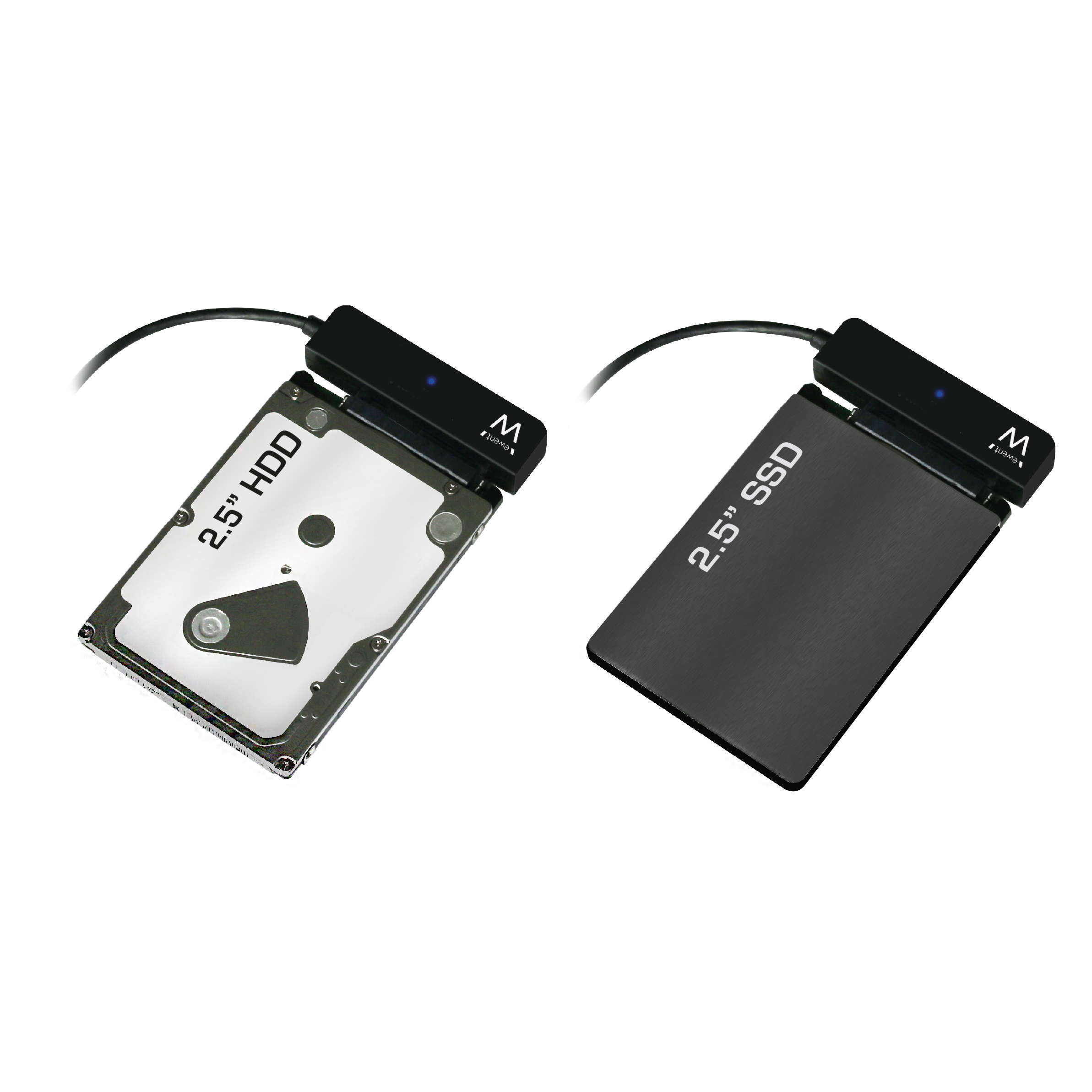 Two hard drives with attached black connectors. One is labeled "2.5" HDD" and the other "2.5" SSD".