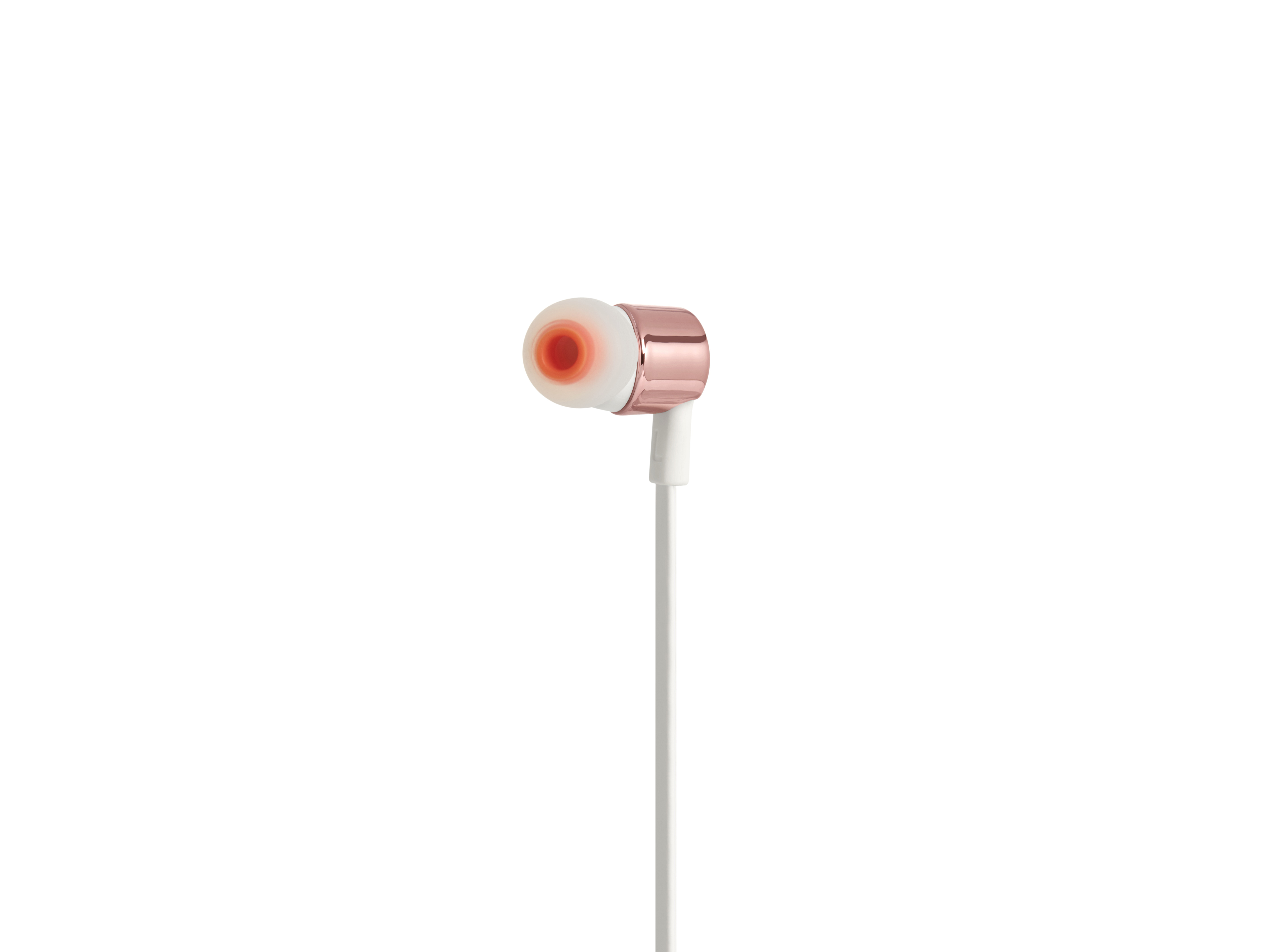 Ein In-Ear-Kopfhörer, roségold, mit weißem Kabel. Der Ohrhörer ist orange.