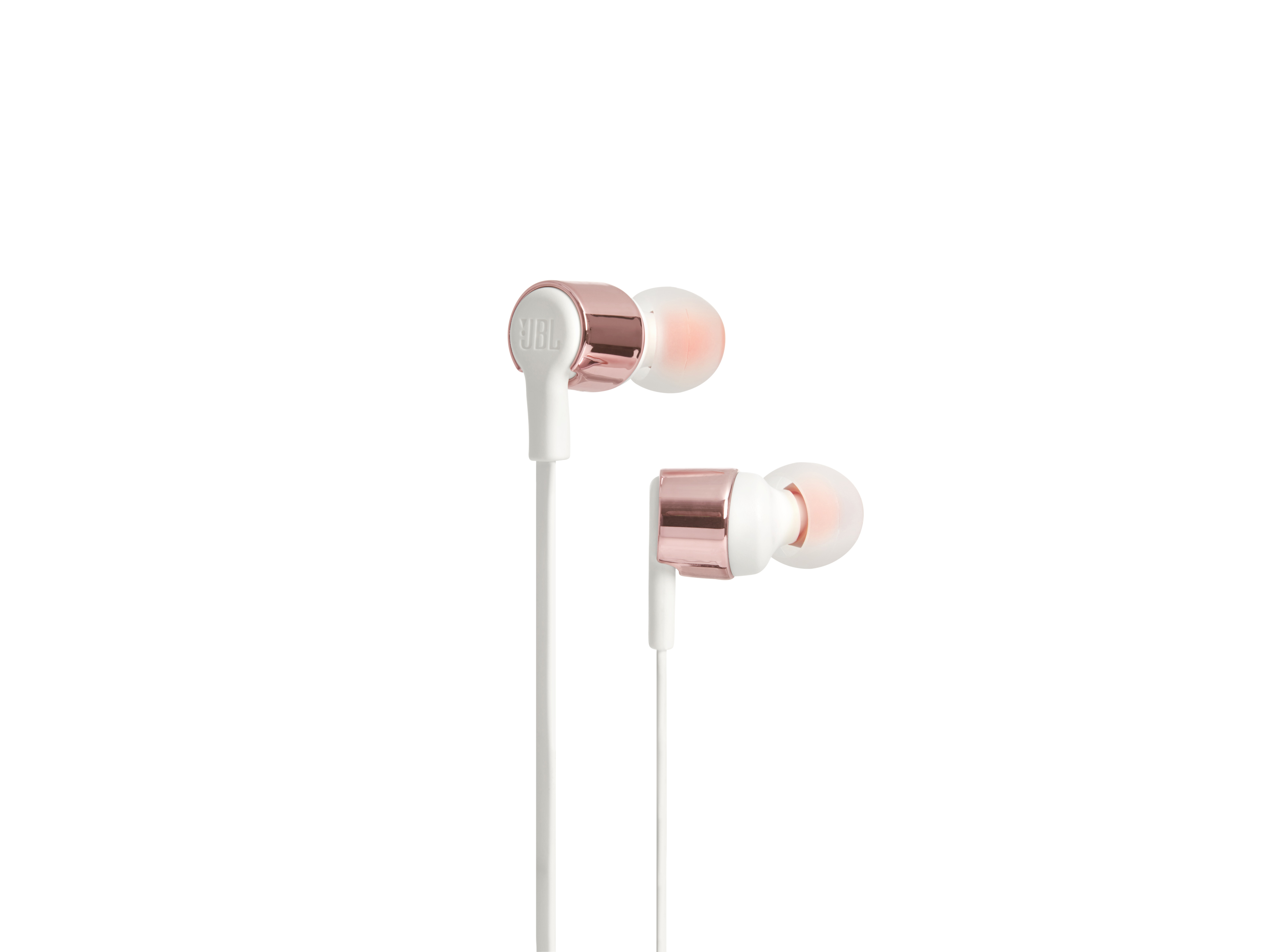 JBL weiße In-Ear-Kopfhörer mit roségoldenen Akzenten, weißer Hintergrund.
