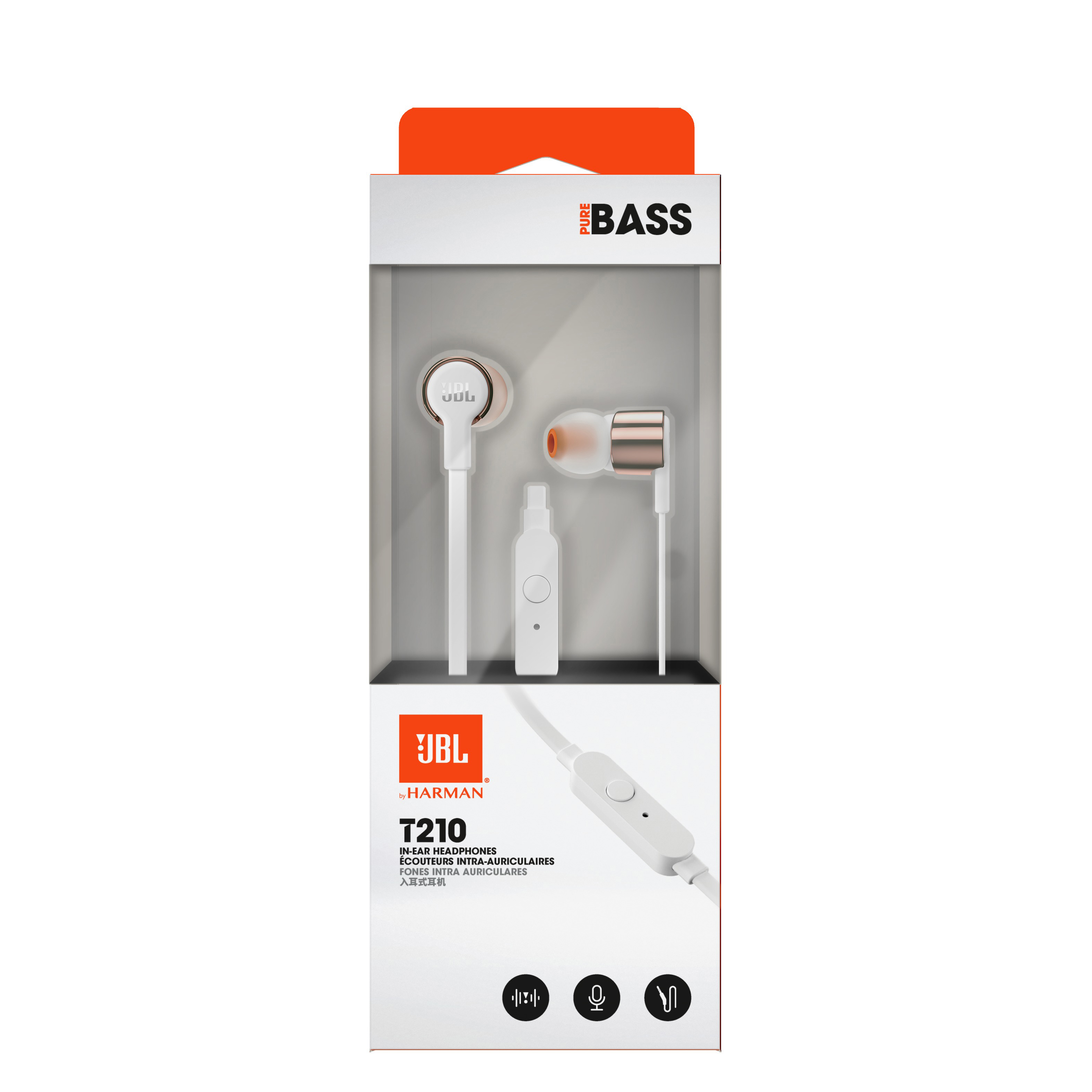 JBL T210 In-Ear-Kopfhörer in einer Box. Weiße Kopfhörer mit orangefarbenen Akzenten.