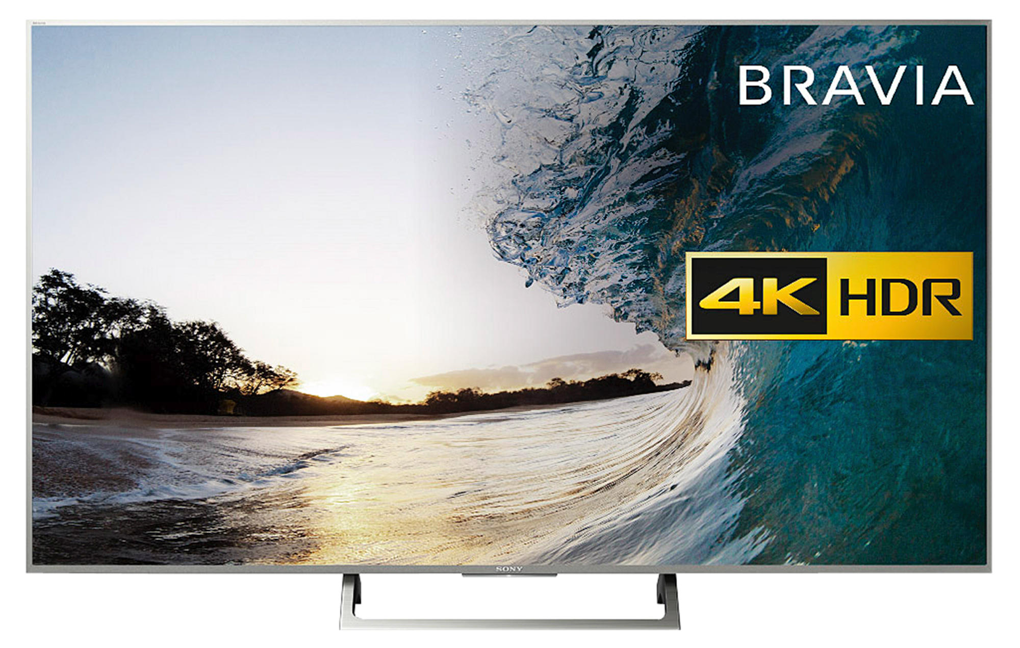 Televisor de pantalla plana, escena de playa con olas y texto 'BRAVIA' y '4K HDR'.