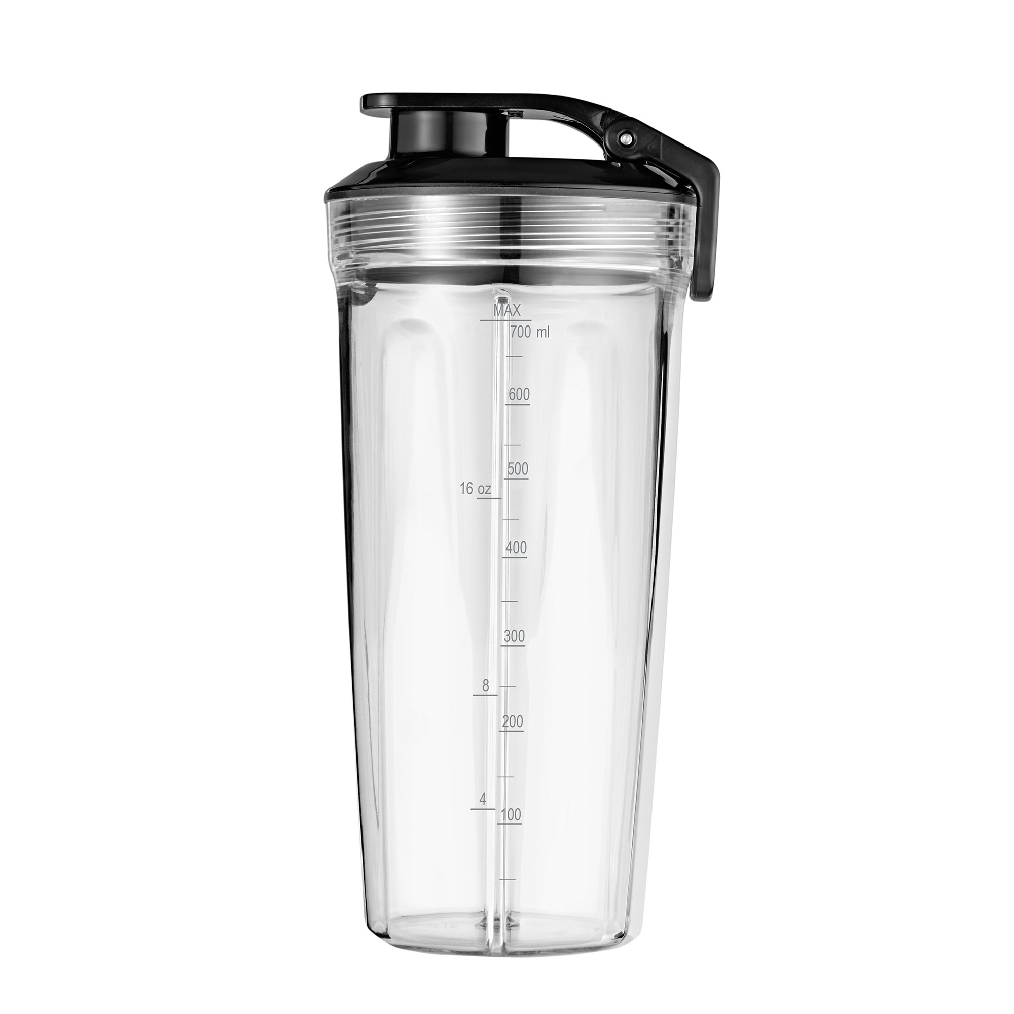 Transparente Kunststoff-Shaker-Flasche mit schwarzem Deckel und Messungen.
