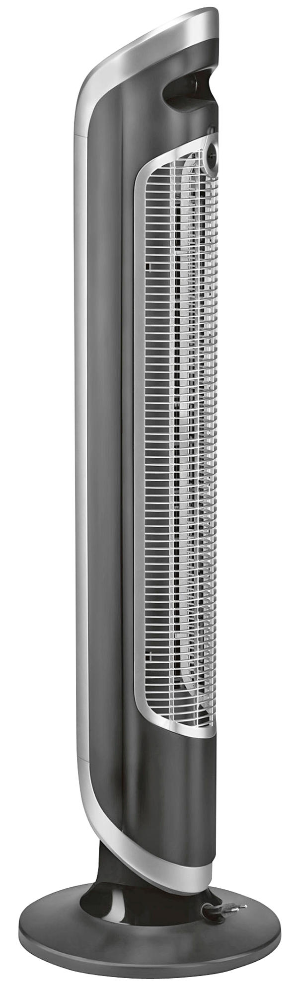 Un grand ventilateur tour noir et argent sur fond blanc.