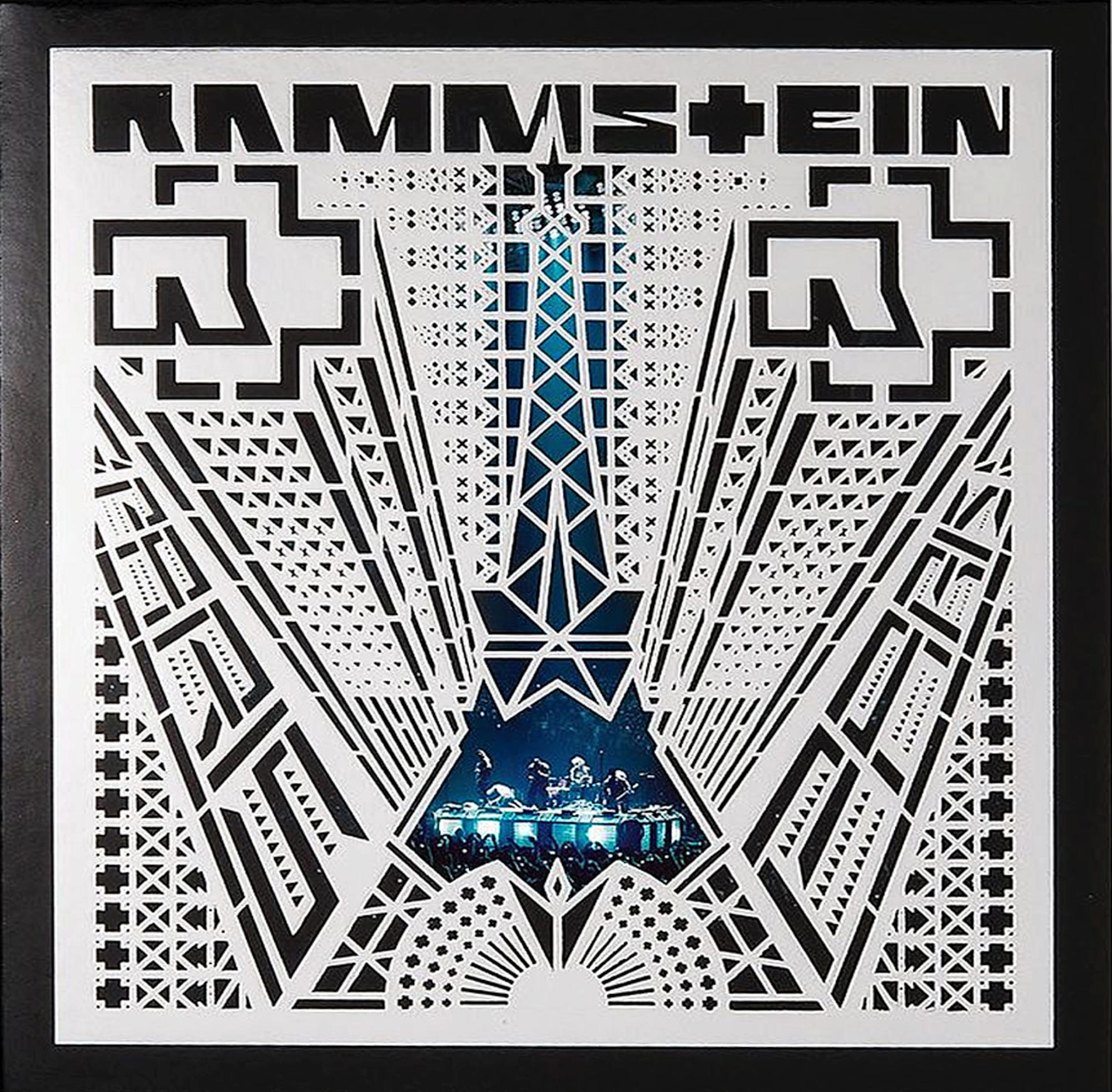 Pochette de l'album Rammstein avec un design noir et blanc et un centre bleu.