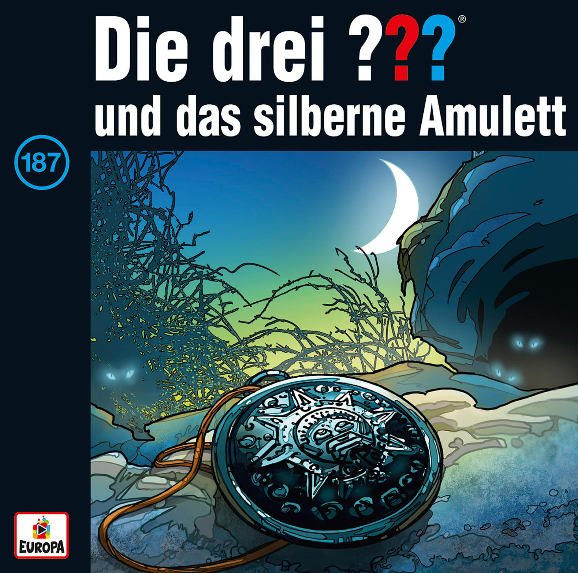 Comic-Cover von 'Die drei ???' mit einem silbernen Amulett.