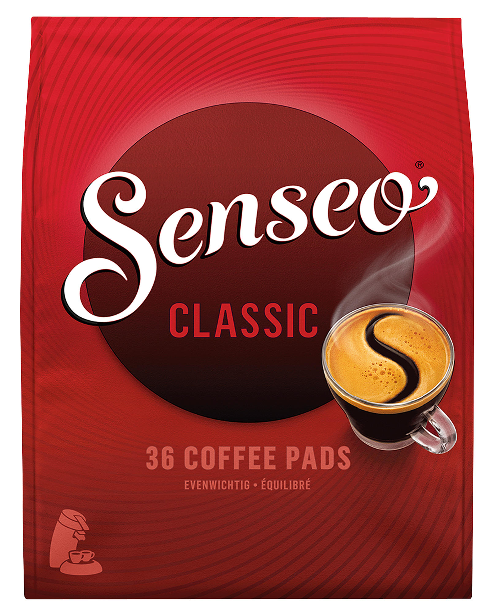 Un sac rouge de dosettes de café Senso. Le sac contient du texte et un graphique de tasse à café, avec le titre 'Classic'.