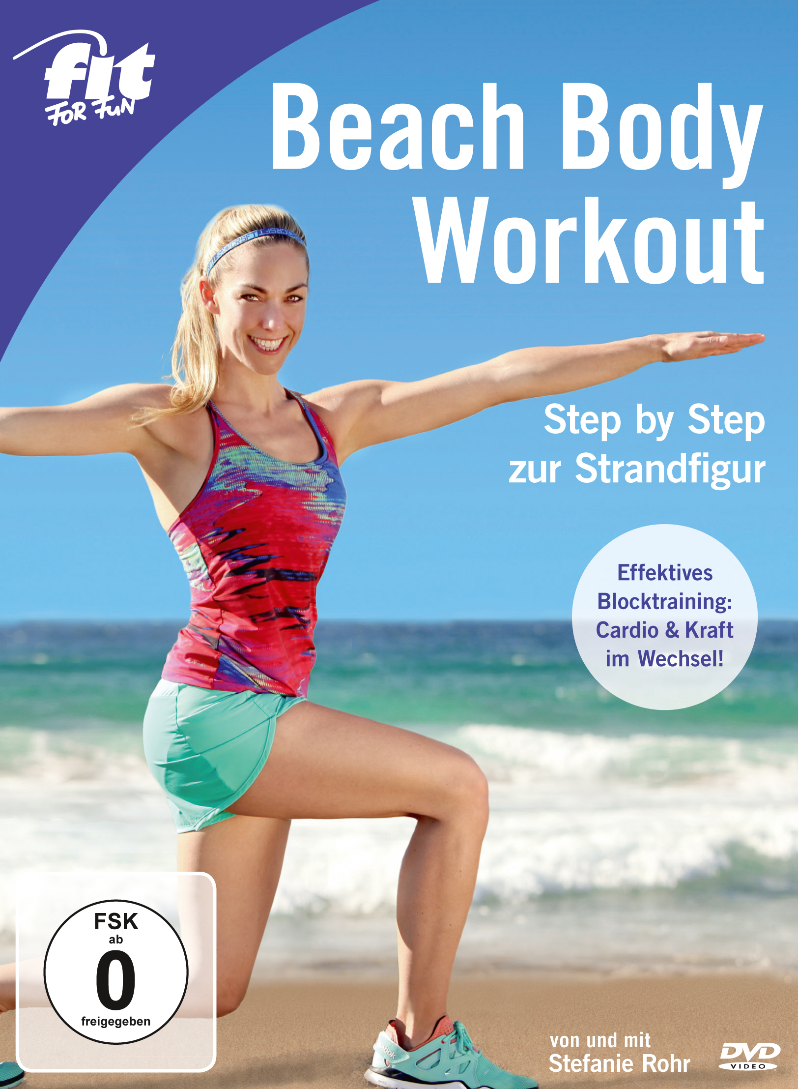 DVD-Cover zeigt eine Frau in Trainingskleidung, die lächelt, mit blauem Himmel und Strand.