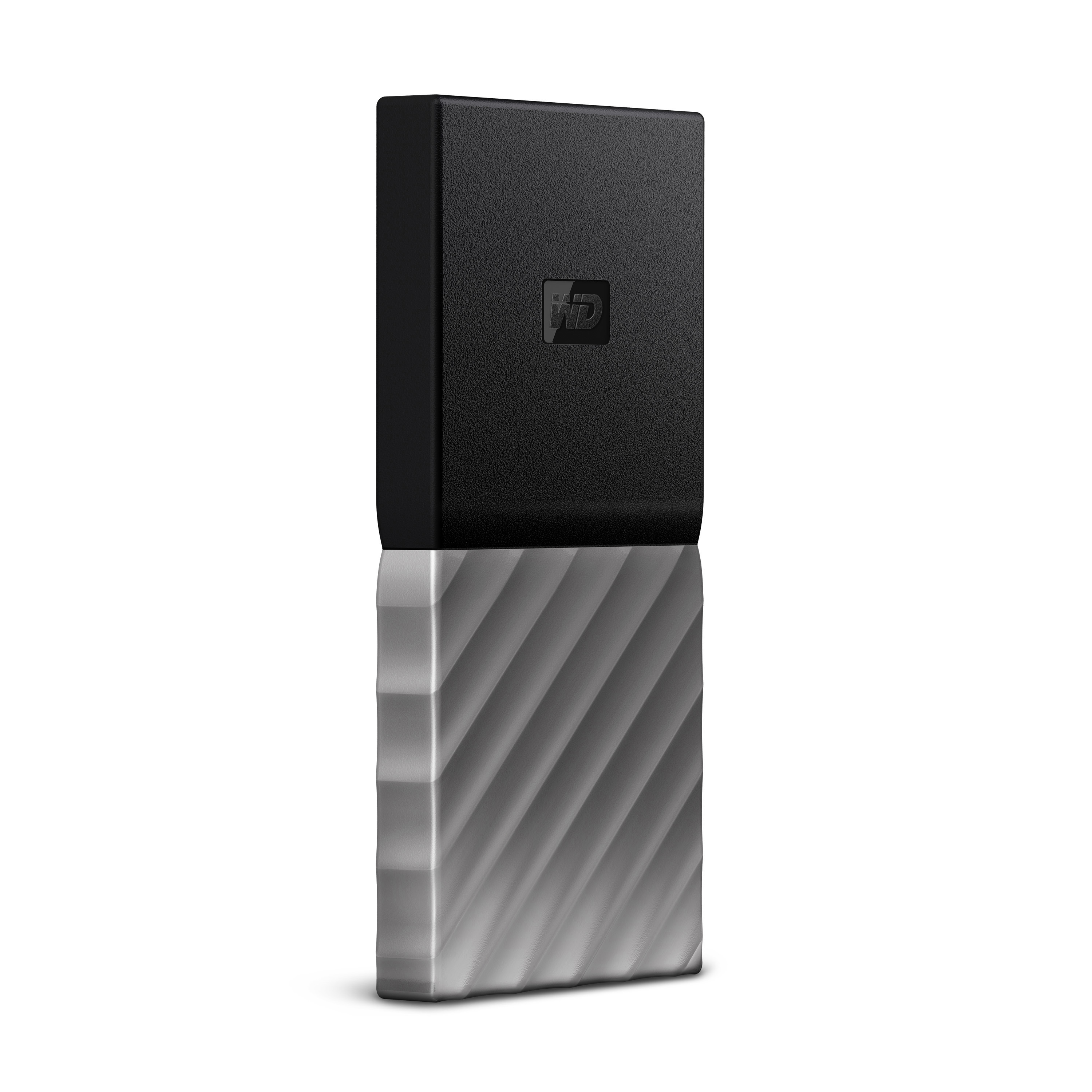 Schwarze und silberne externe Festplatte, Marke Western Digital, mit strukturiertem Design auf dem silbernen Teil.