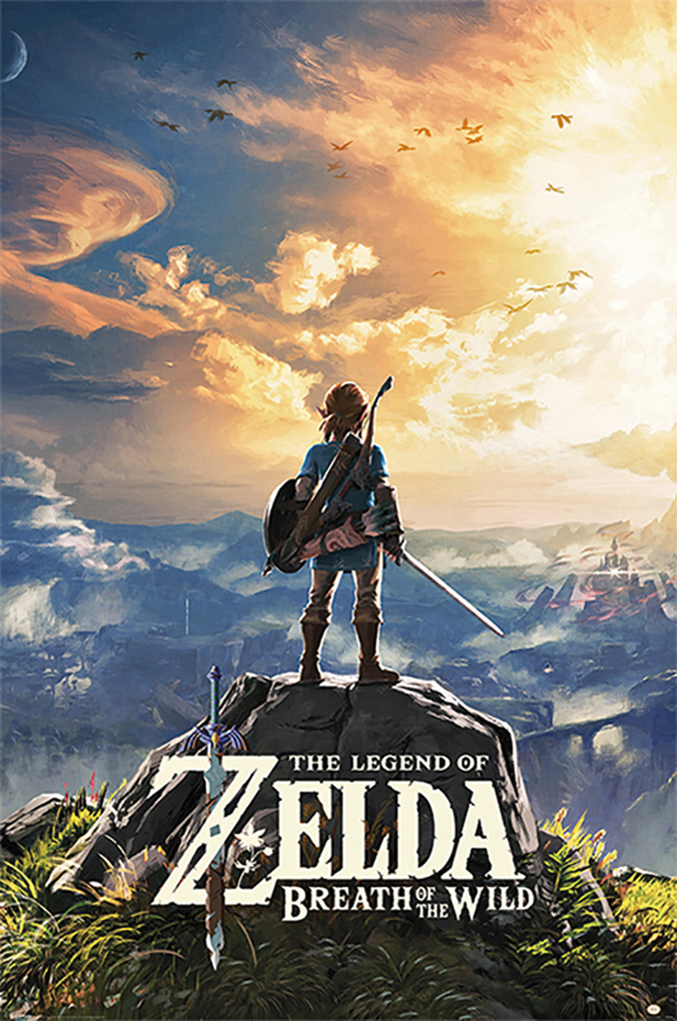 Videospiel-Poster: Figur steht auf Klippe mit Blick auf Berge, Zelda-Logo, Himmel mit Vögeln.