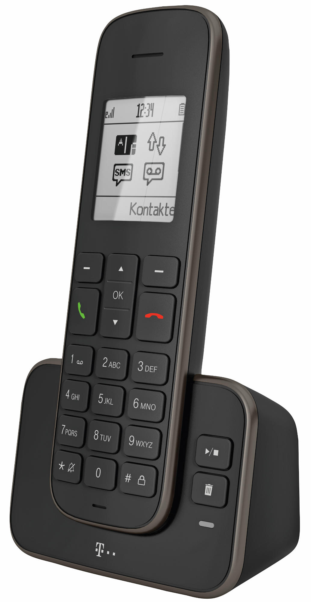 Ein schwarzes schnurloses Telefon auf einer Ladestation mit einem Bildschirm, der Zeit und Symbole anzeigt.