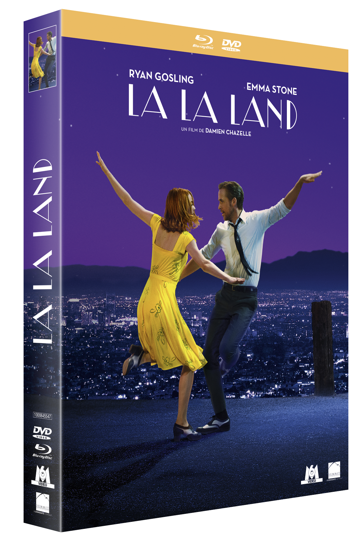 La La Land DVD-hoes. Ryan Gosling en Emma Stone dansen. Achtergrond stadsgezicht. Paars en geel kleurenschema.