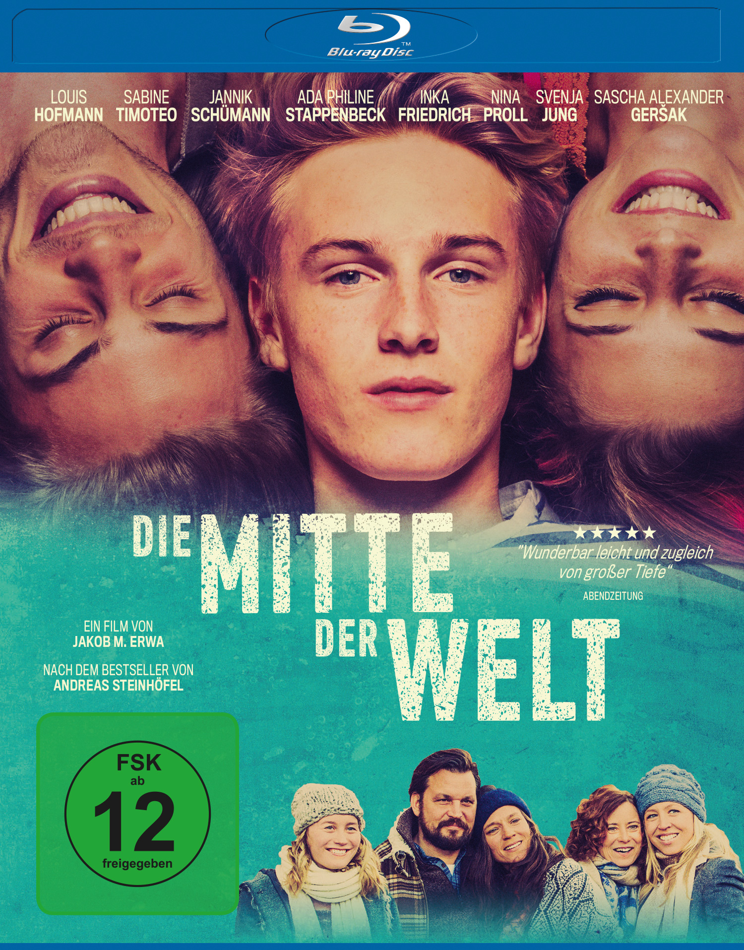 Filmcover mit Gesichtern, Titel 'Die Mitte der Welt' und Schauspielernamen.