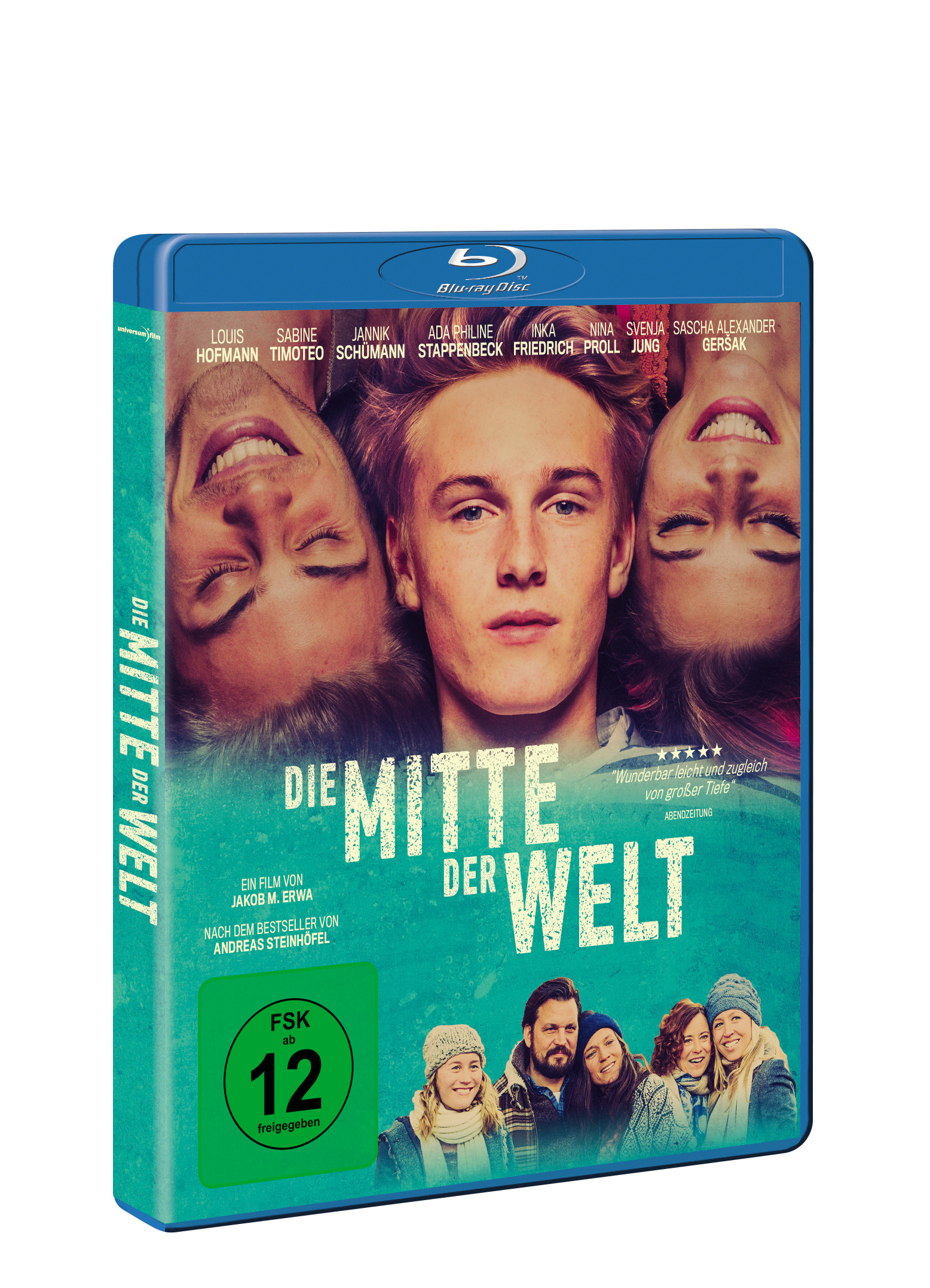Filmcover: ein blaues Blu-ray-Case mit drei Gesichtern, deutscher Titel: 'Die Mitte der Welt'.