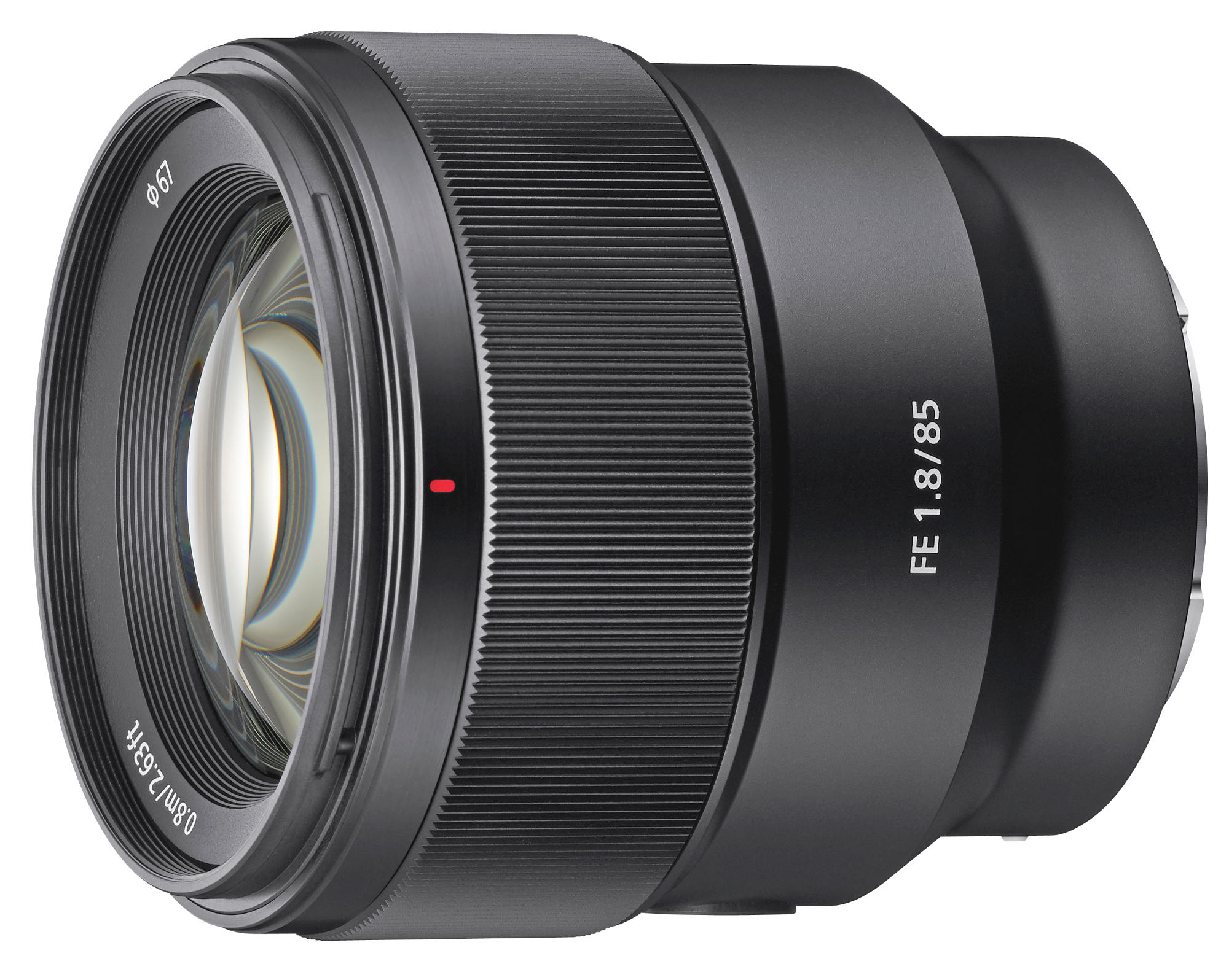 Schwarzes Sony FE 1.8/85 Objektiv mit roter Markierung.