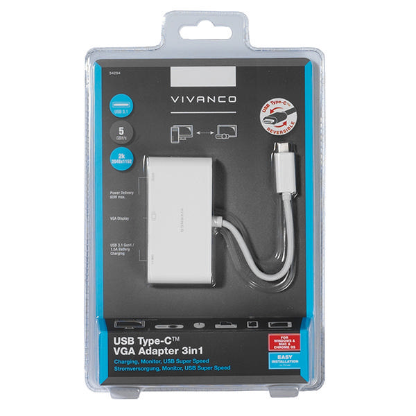 VIVANCO 34294 USB Type C - VGA Adaptör 3 in 1 (VGA + USB C + USB 3.0)