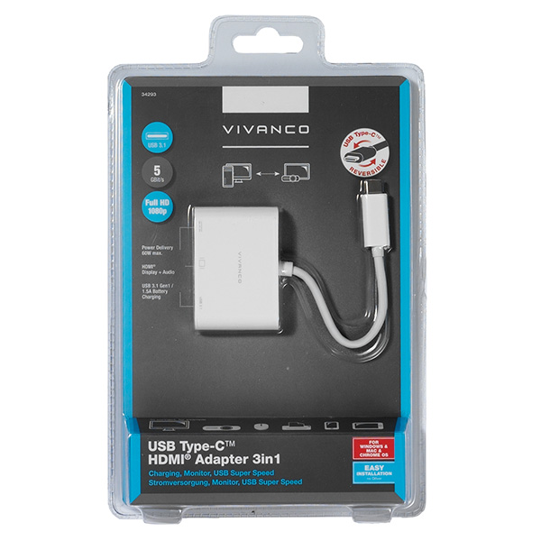 VIVANCO 34293 USB Type C - HDMI Adaptör 3 in 1 (HDMI + USB C + USB 3.0)