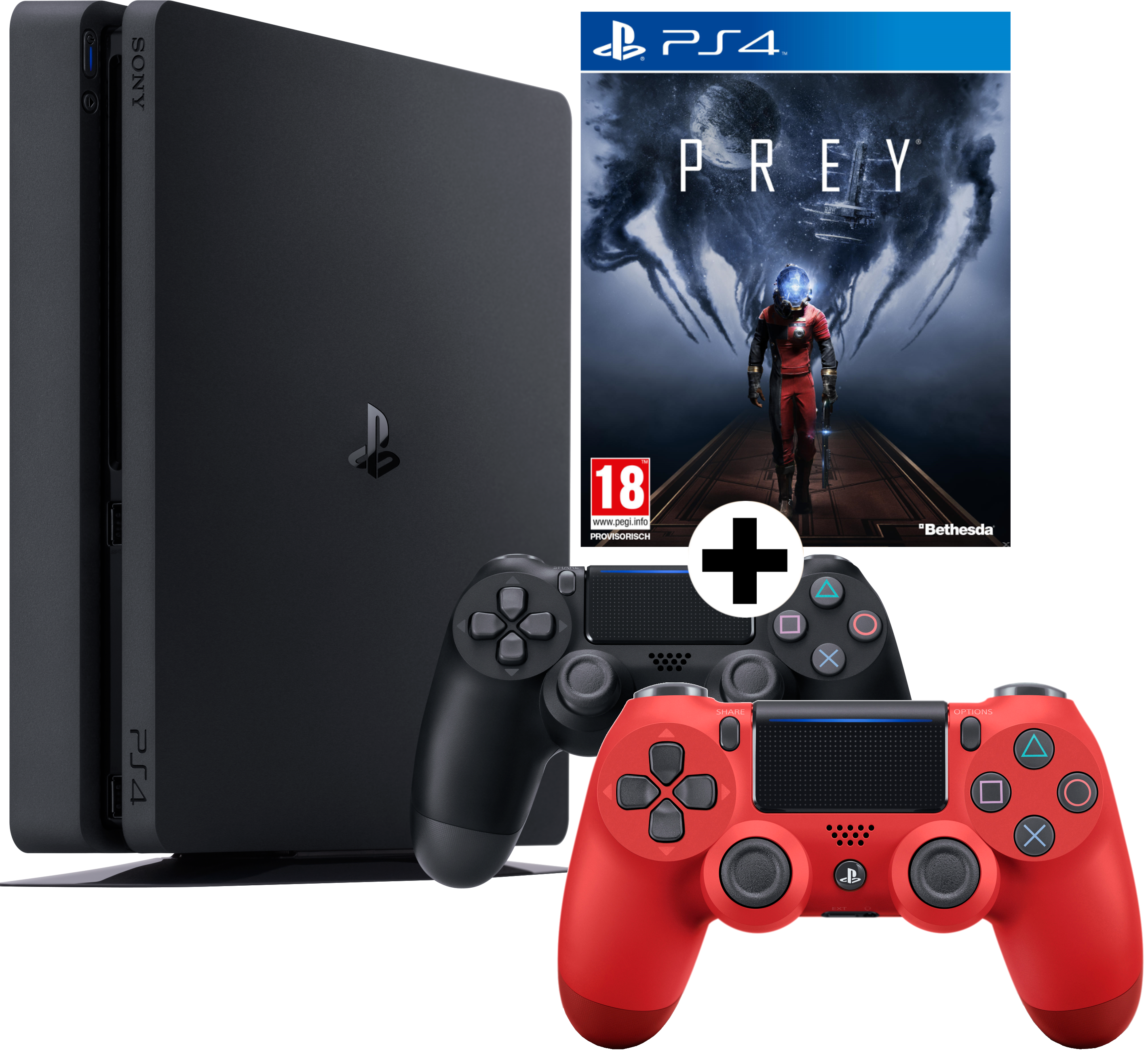 SONY PlayStation 4 Slim Konsole 500 GB + 2 New PS4 DualShock 4 (schwarz, rot) + Prey