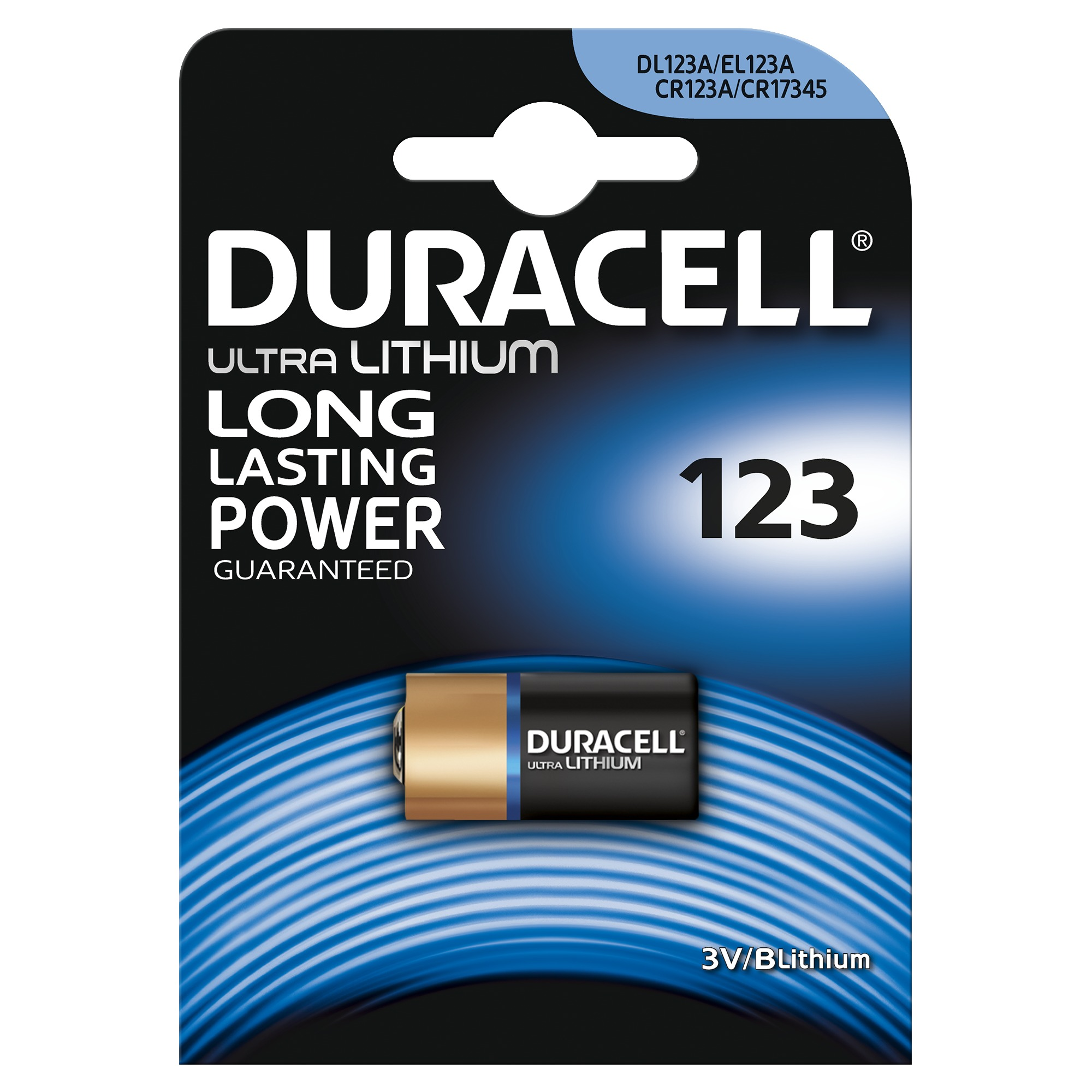 Duracell Ultra Lithium 123 Batterie-Verpackung. Schwarz-goldene Batterie, blau-weiße Verpackung.