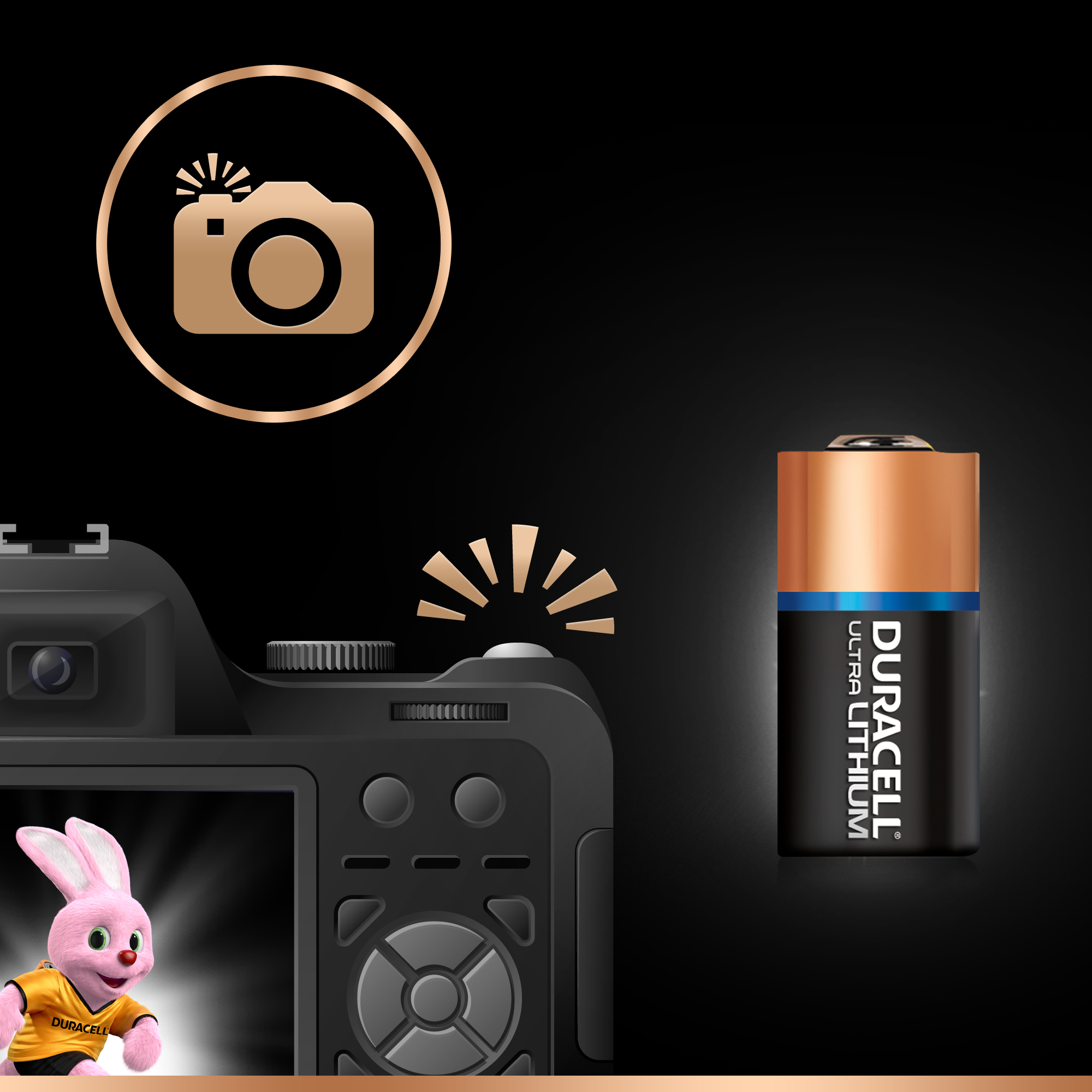 Kamera, Batterie und Hase mit Blitzsymbol auf schwarzem Hintergrund.