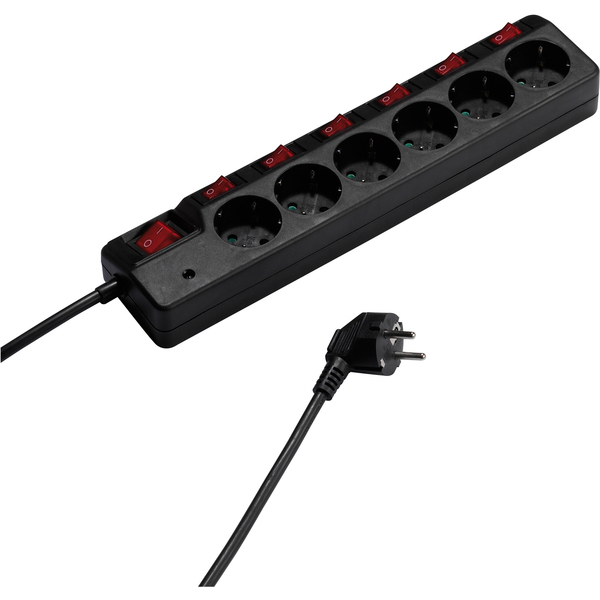 Schwarze Steckdosenleiste mit roten Schaltern und Stecker.