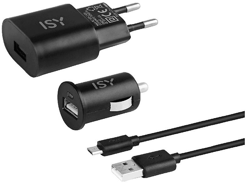 Cargador | ISY Set de 4 tipos, 12 V, USB, Micro, Negro