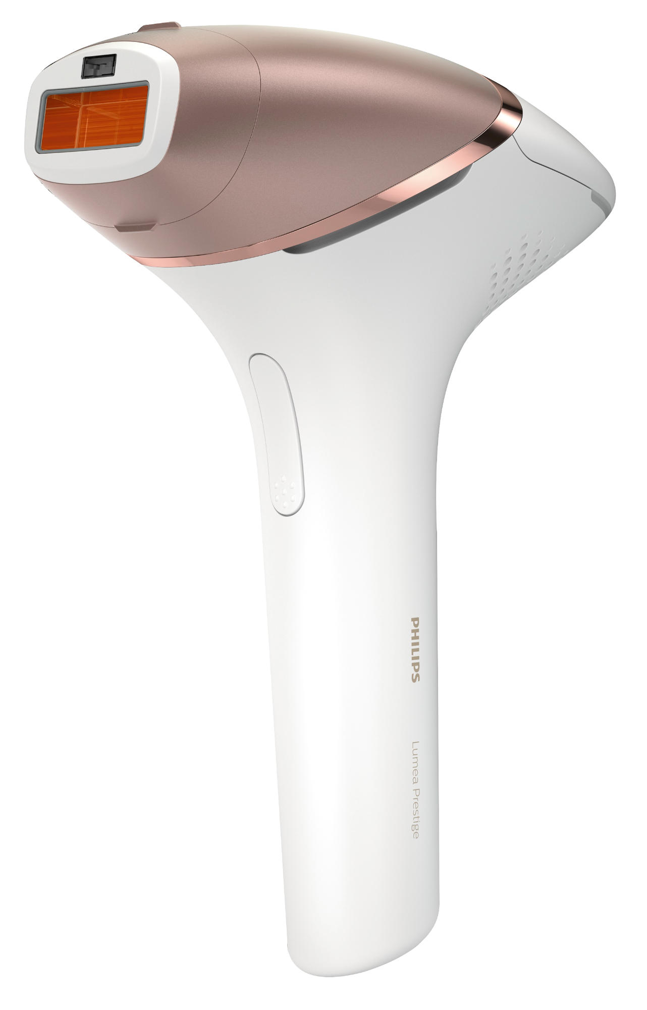 Weißes und roségoldenes Philips Lumea Haarentfernungsgerät. Nahaufnahme. Weißer Hintergrund.