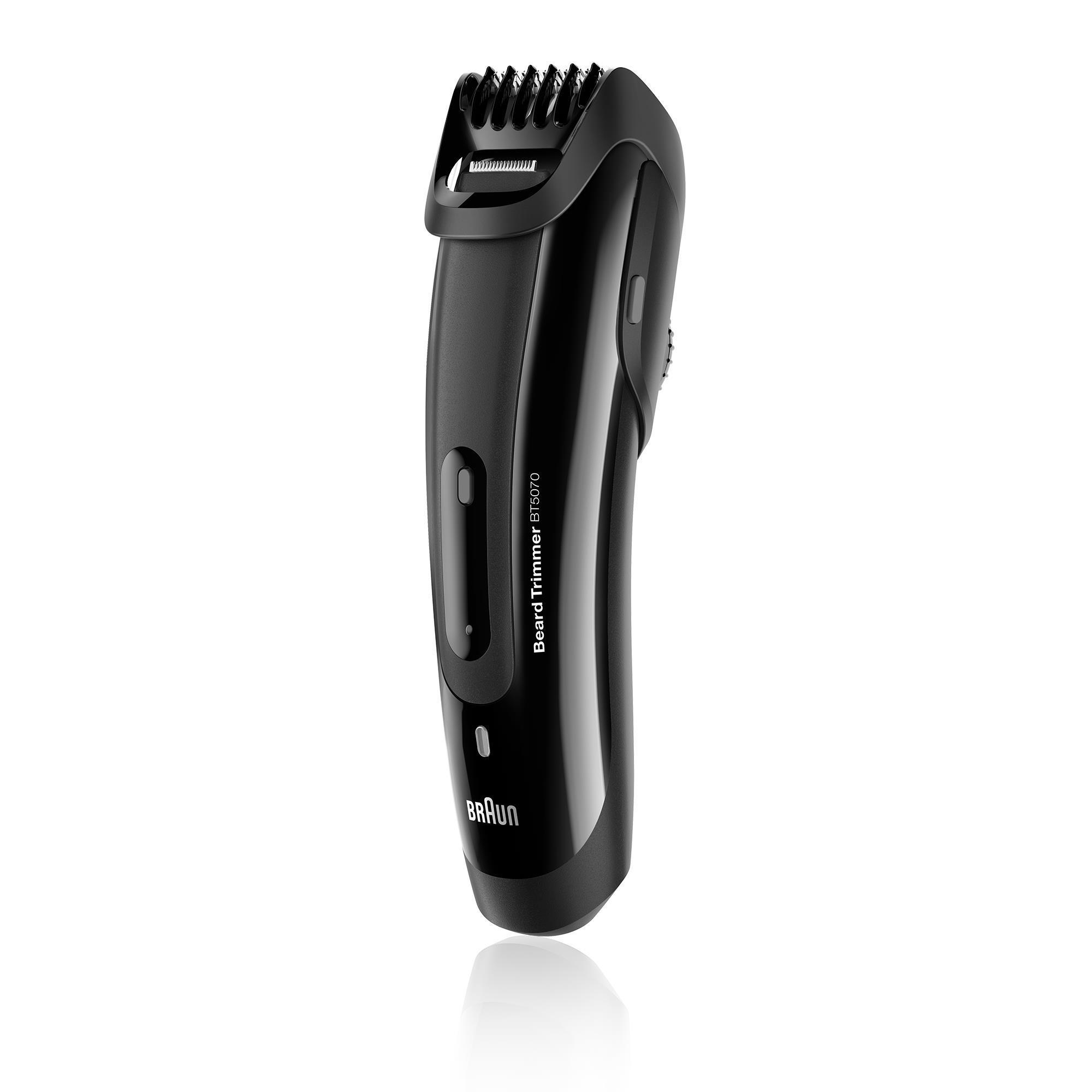 Schwarzer Braun Barttrimmer. Zeigt das Gehäuse, den Trimmerkopf und das Braun-Logo.