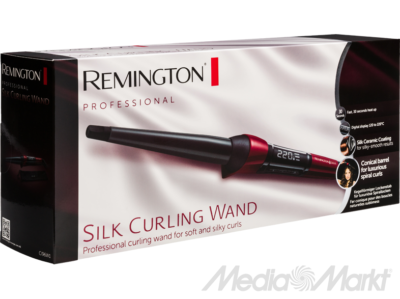 Remington Silk Curling Wand doboz termékkel, szöveggel és egy nő képével.