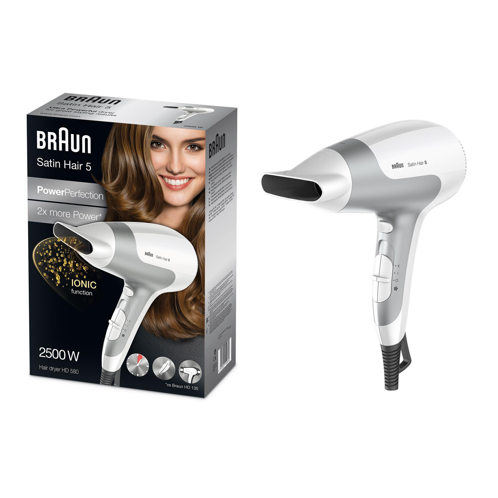 BRAUN Satin Hair 580 mit Haartrockner HD 5 Weiß/Silber IONTEC Watt) (2500